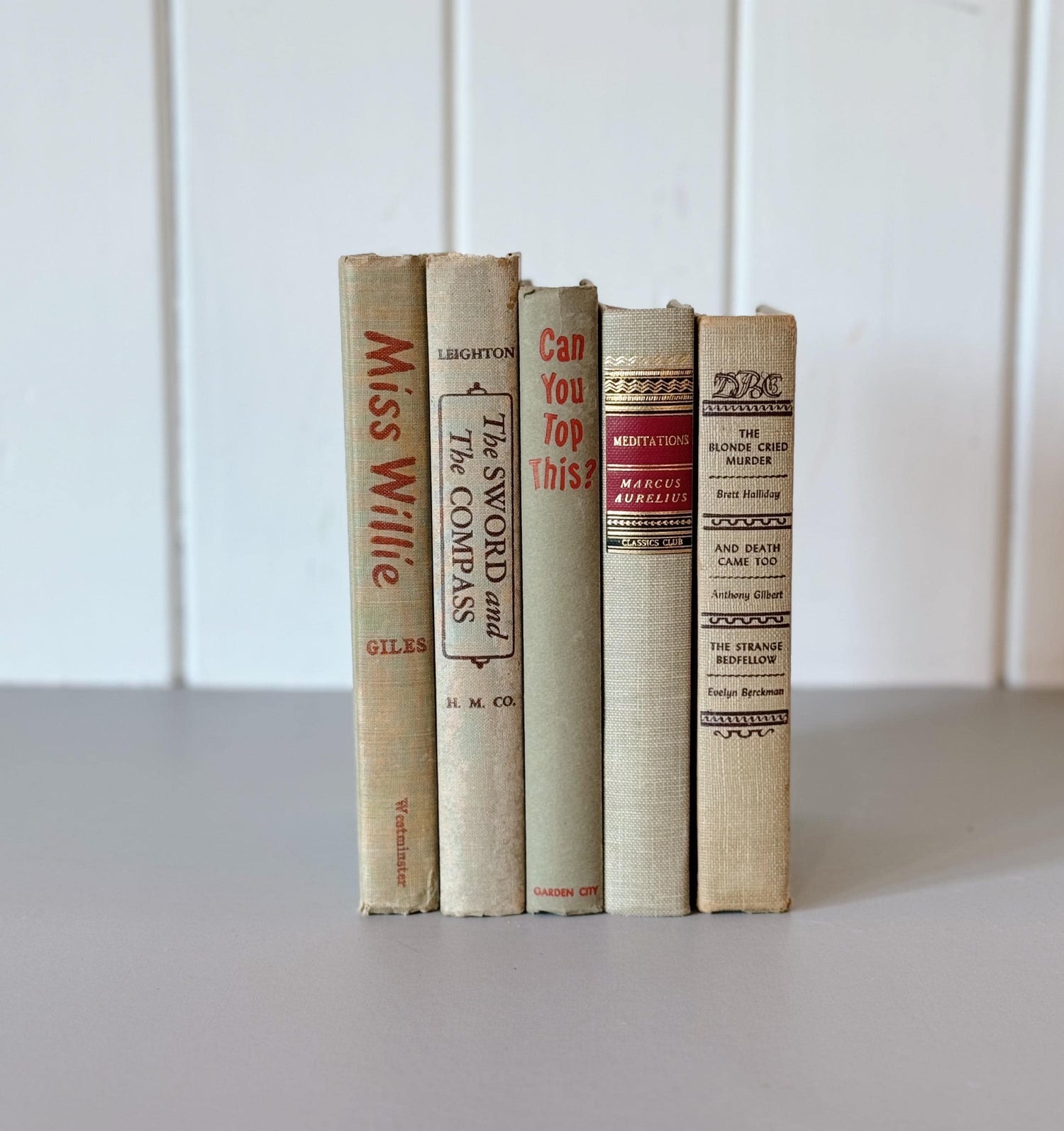 Beige Tan and Red Mid-Century Book Set for Shelf Styling, Office Decor