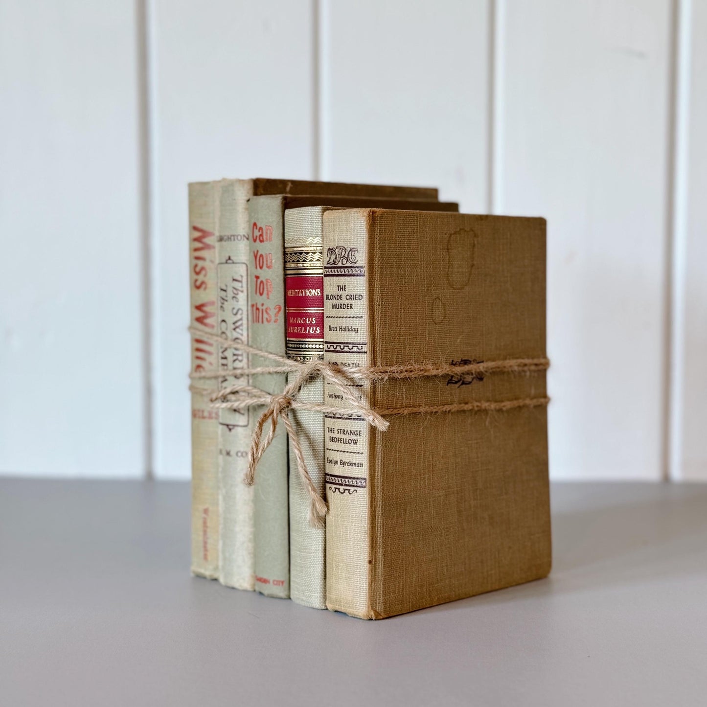 Beige Tan and Red Mid-Century Book Set for Shelf Styling, Office Decor