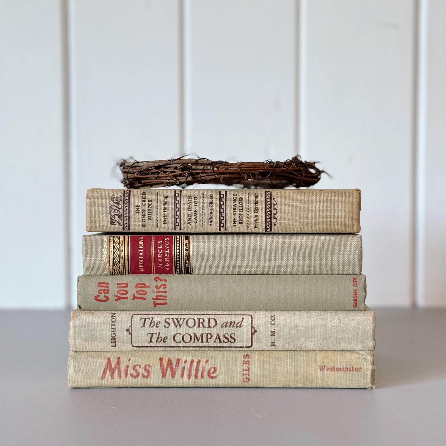 Beige Tan and Red Mid-Century Book Set for Shelf Styling, Office Decor