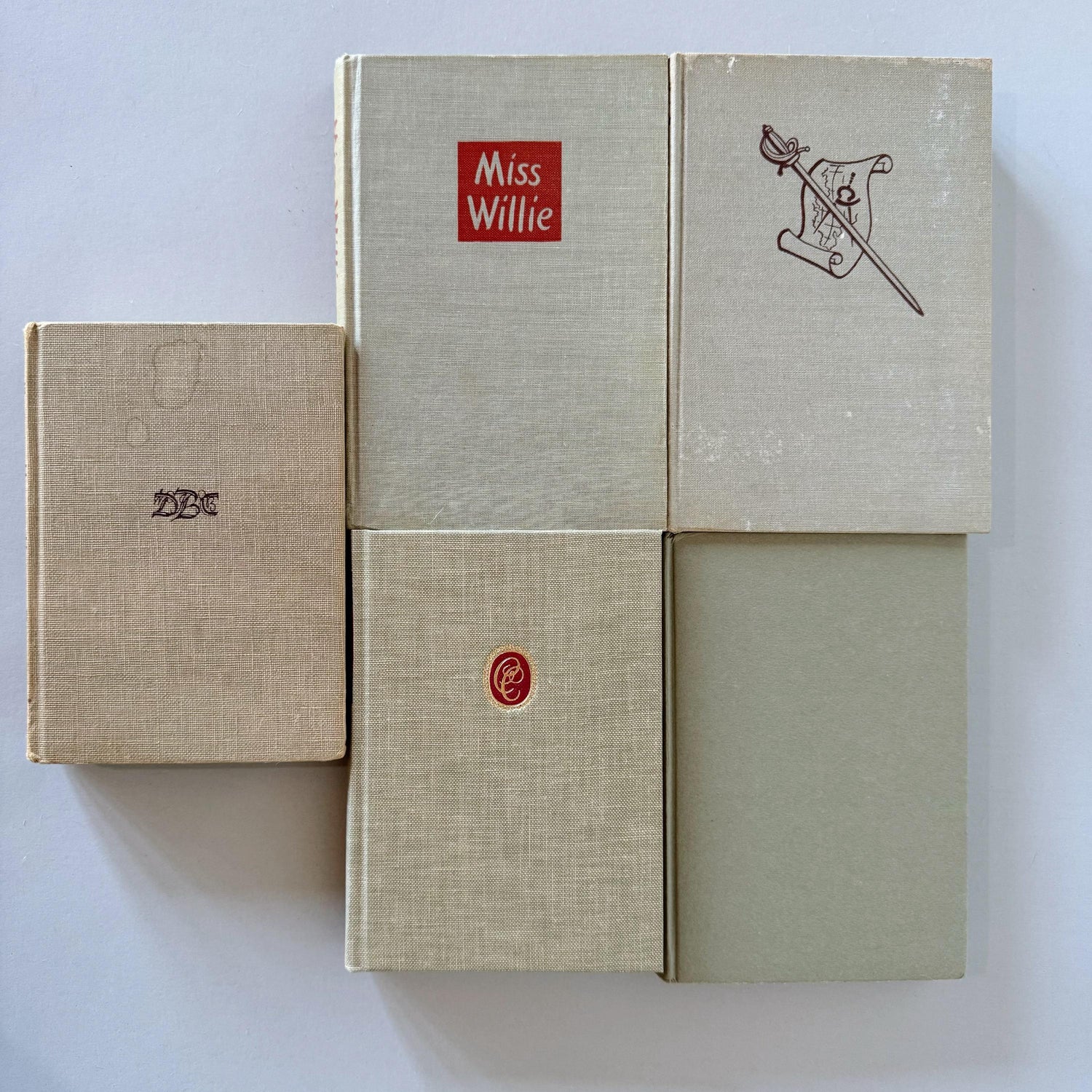 Beige Tan and Red Mid-Century Book Set for Shelf Styling, Office Decor