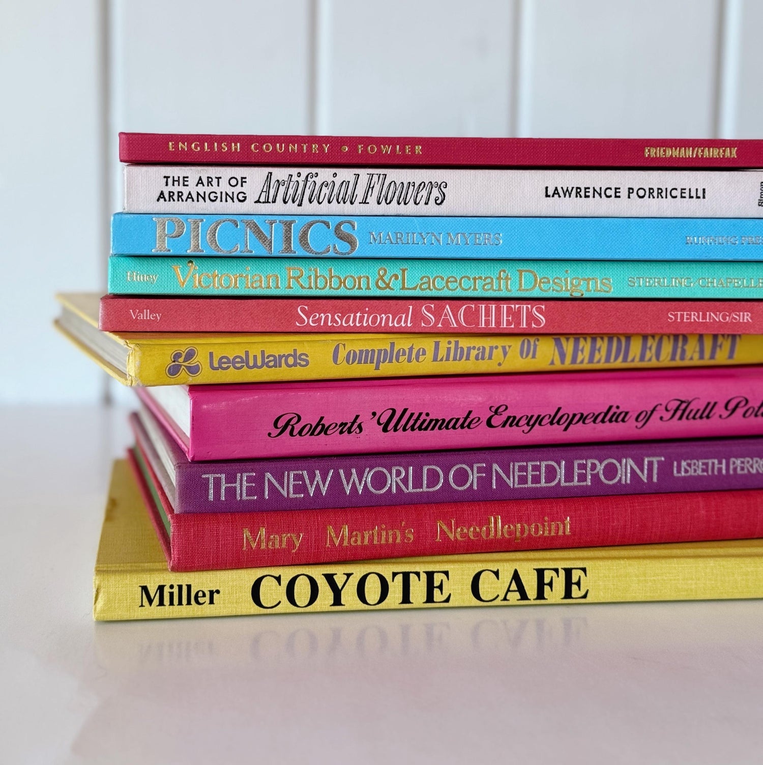 Pastel Pink, Purple, Green, Blue, and Yellow Vintage Coffee Table Home Garden and Crafting Book Set, Feminine Pastel Books