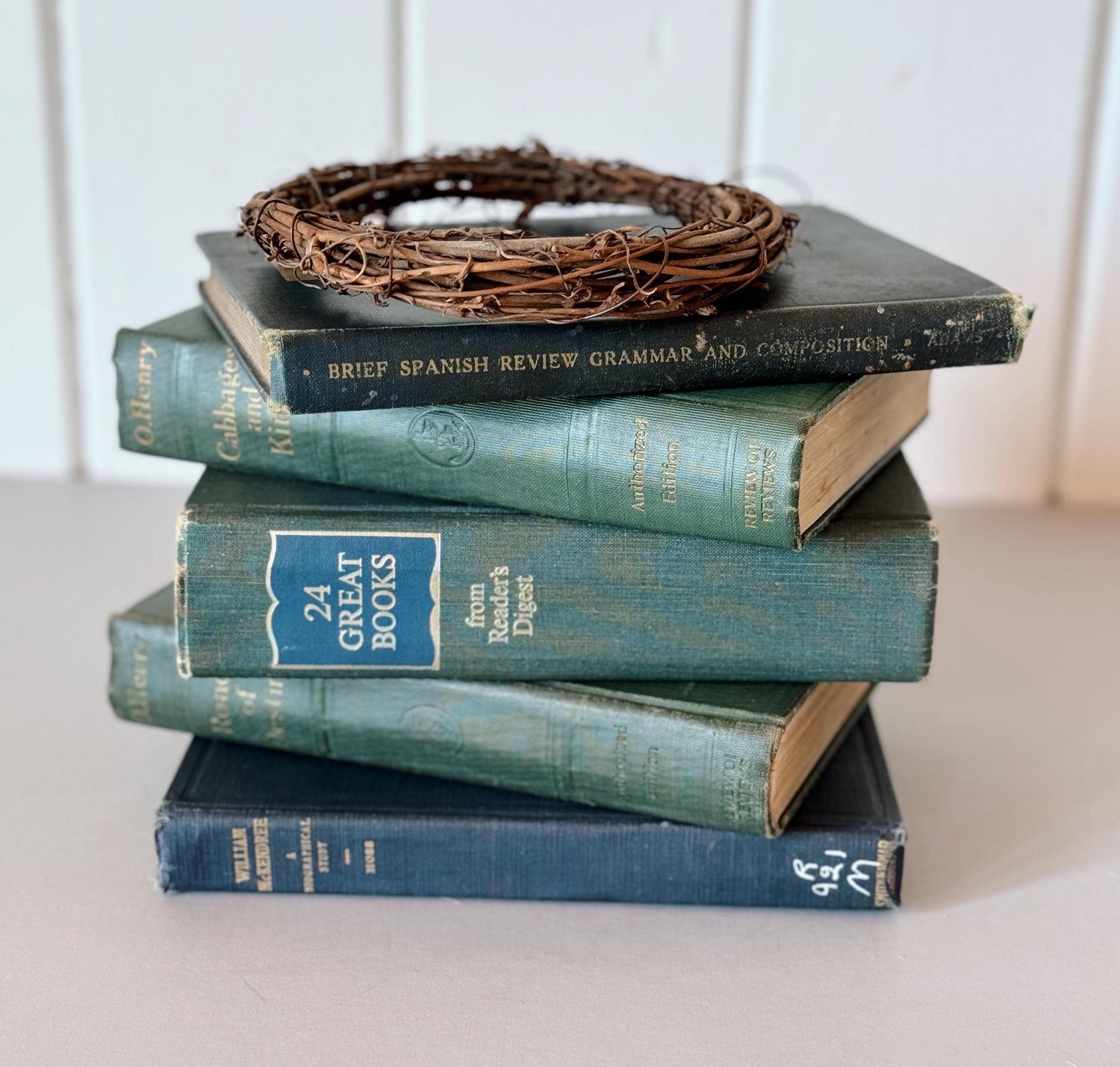 Dark Green Vintage Mid-Century Teal and Green Book Set, Rich Green Pretty Old Books for Shelf Styling