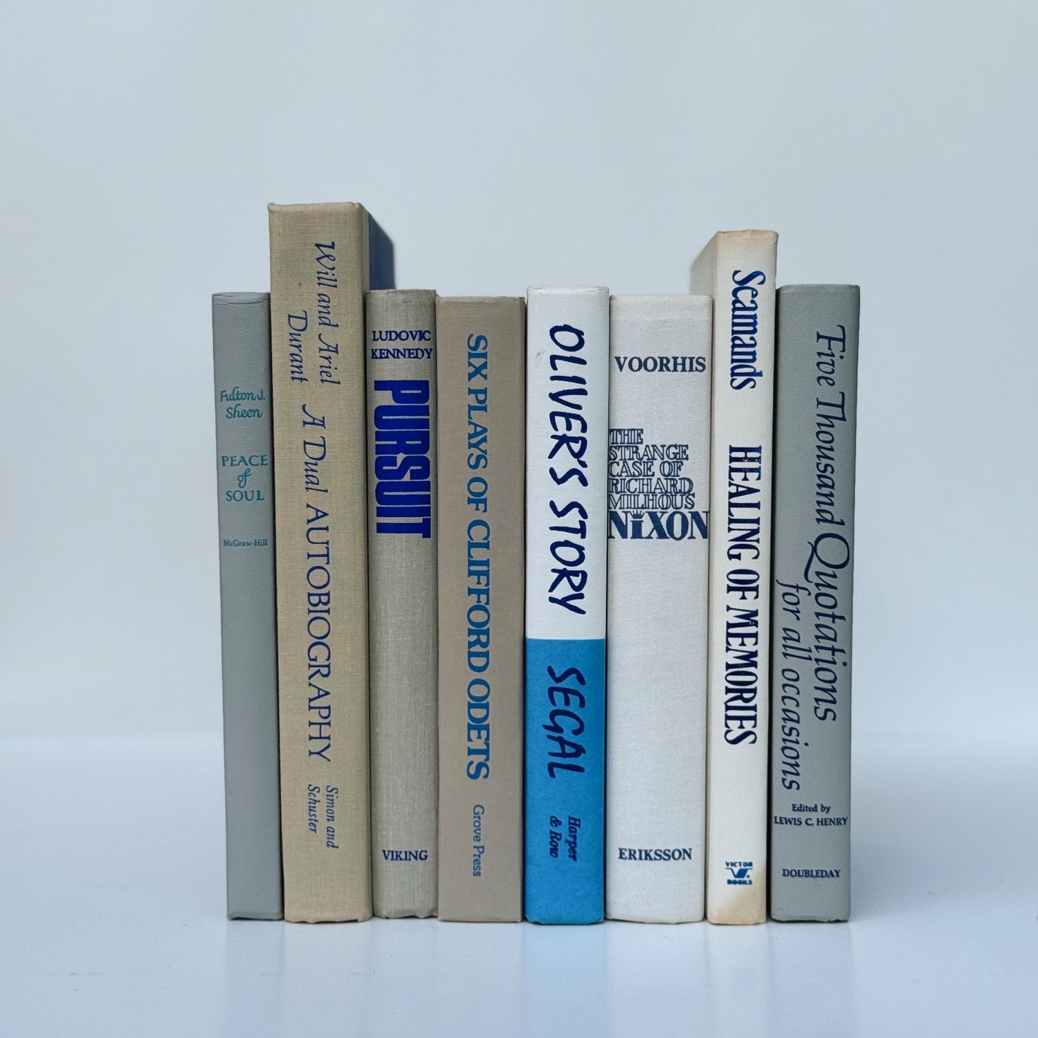 Beige, White, and Blue Vintage Books for Decor, Vintage Book Set for Shelf Styling