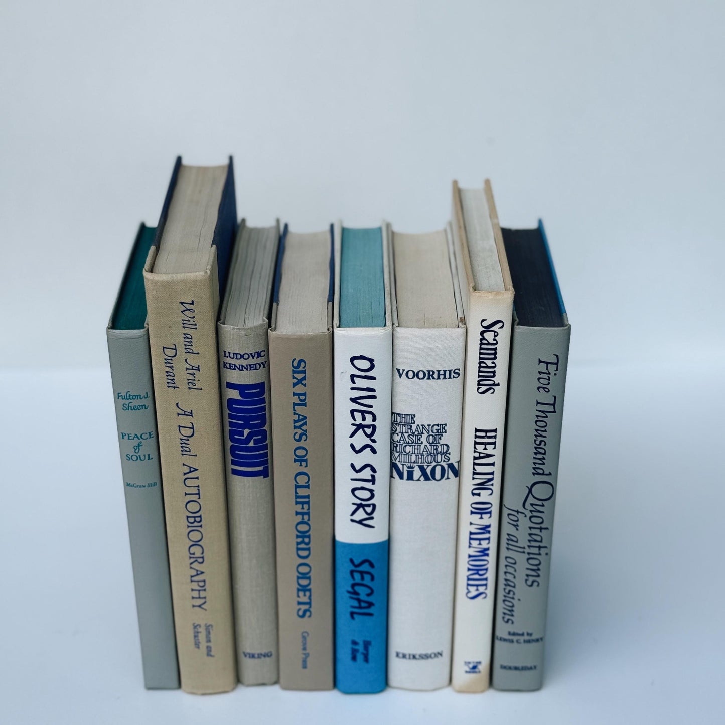 Beige, White, and Blue Vintage Books for Decor, Vintage Book Set for Shelf Styling