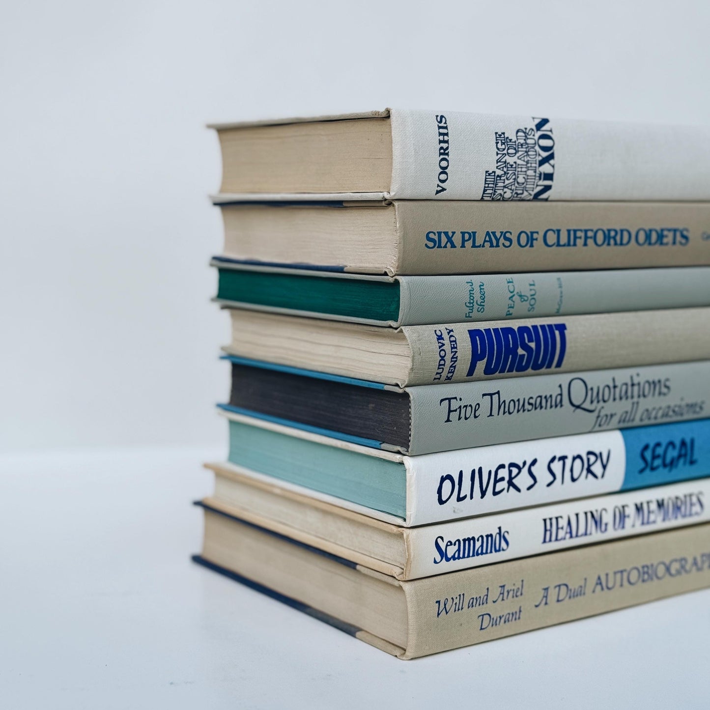 Beige, White, and Blue Vintage Books for Decor, Vintage Book Set for Shelf Styling