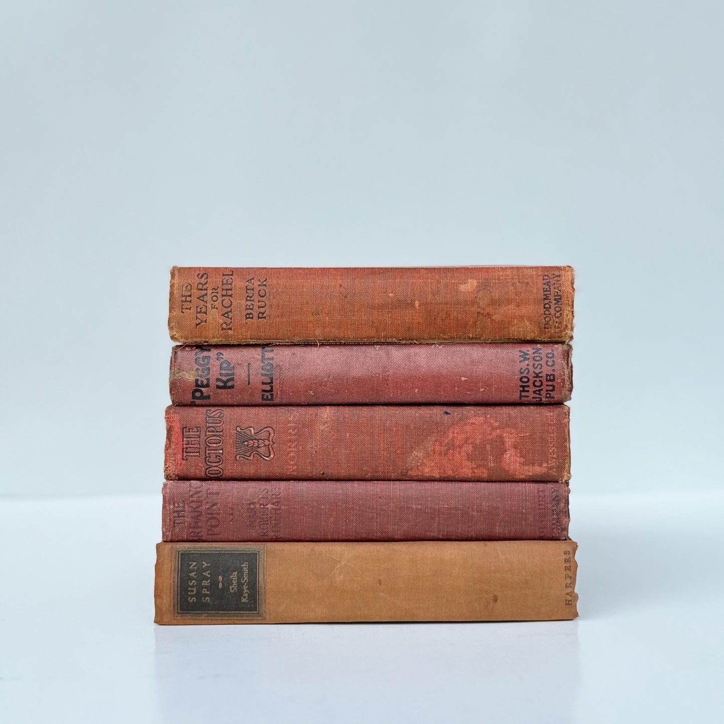 Red Antique Books, Shabby Book Set for Shelf Styling