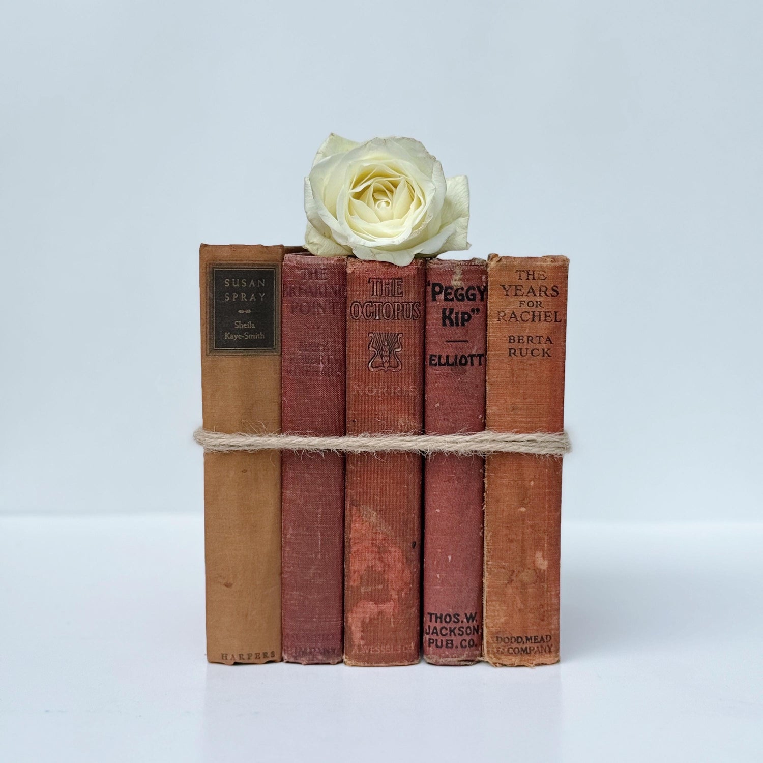 Red Antique Books, Shabby Book Set for Shelf Styling