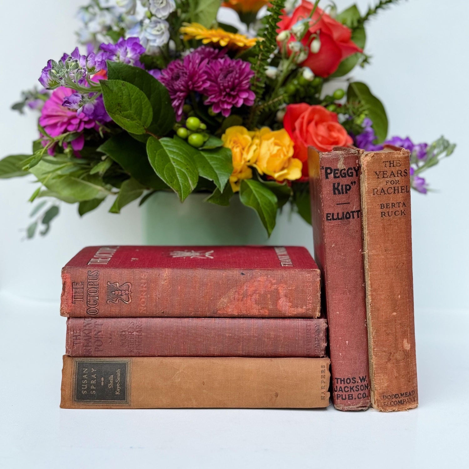 Red Antique Books, Shabby Book Set for Shelf Styling