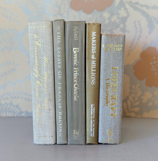 Vintage Beige Cream Gold Metallic Book Set for Shelf Styling, Neutral Book Set