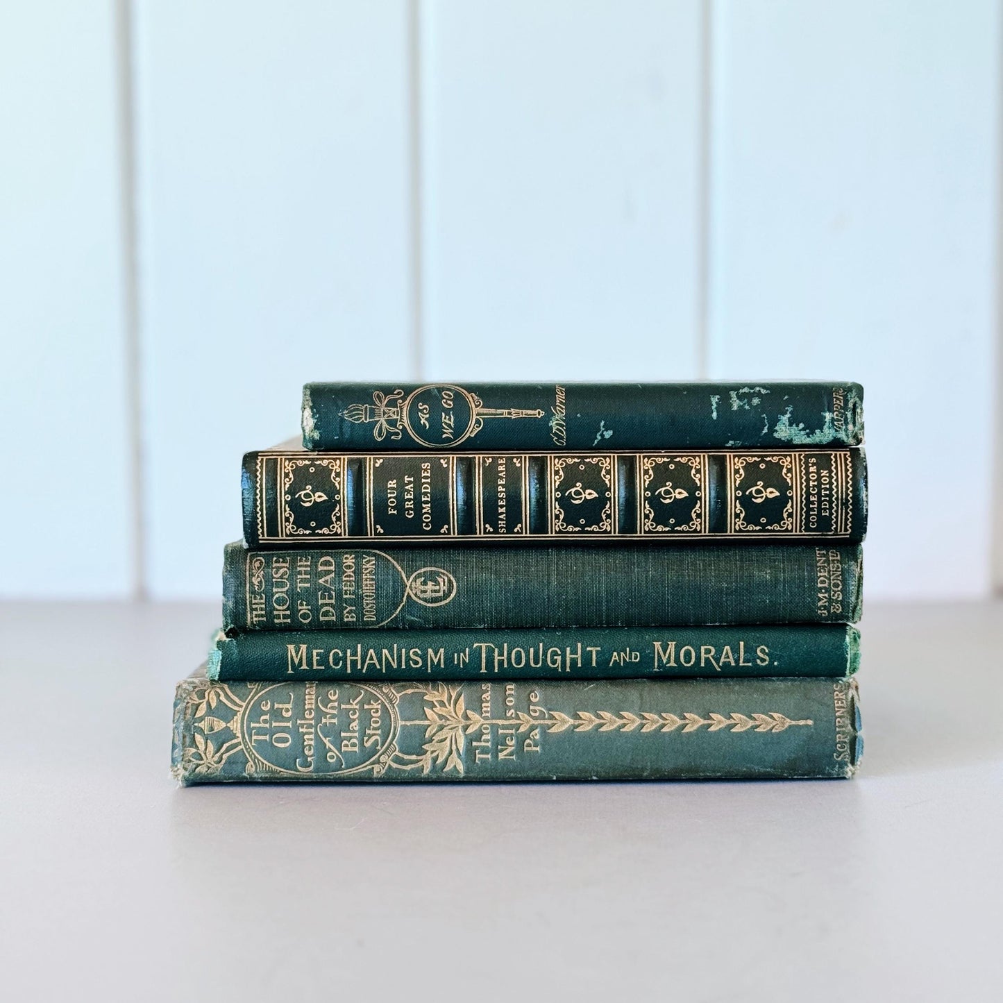 Mini Green Antique Ornate Book Set, Old Green Pocket-Sized Book Bundle, Books By Color