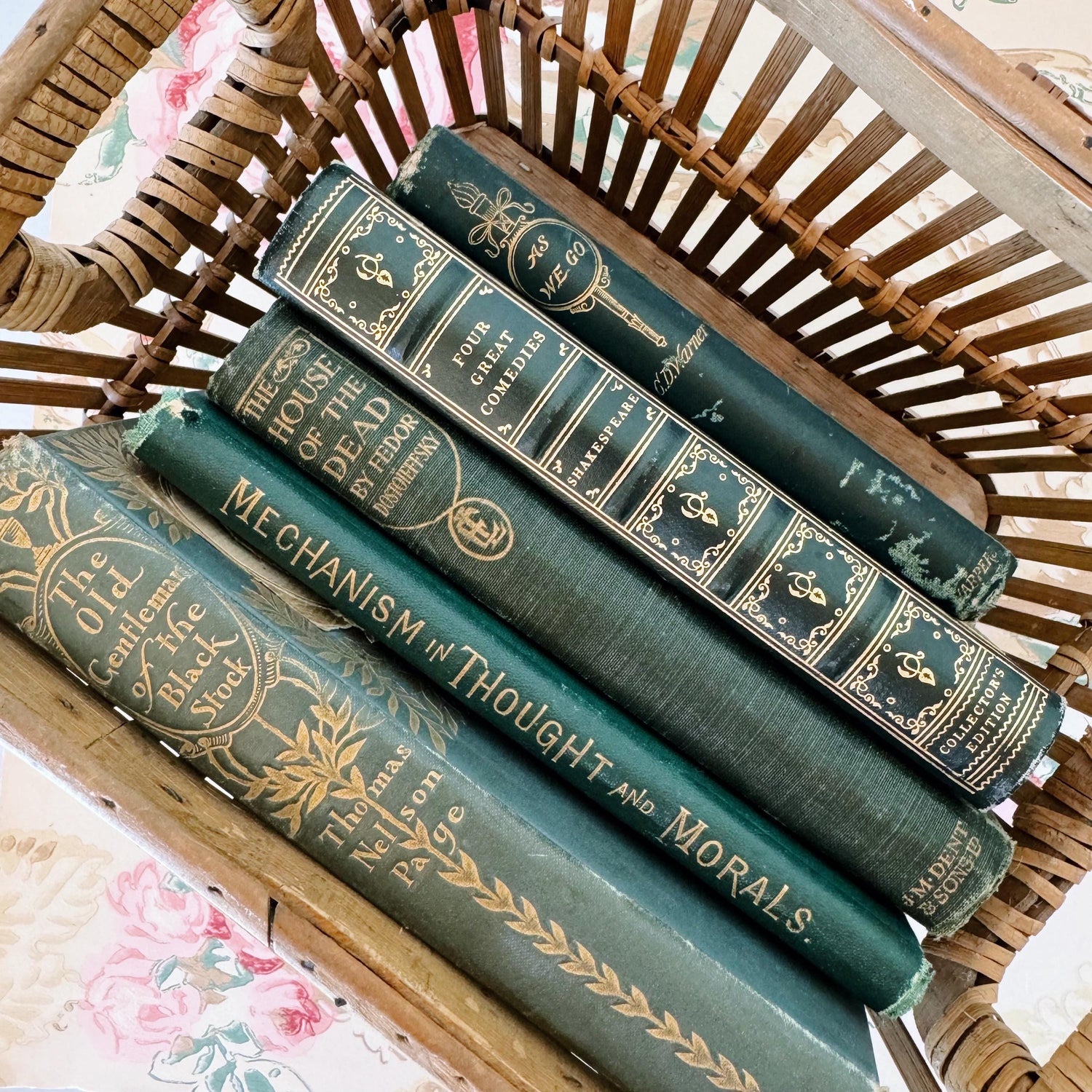 Mini Green Antique Ornate Book Set, Old Green Pocket-Sized Book Bundle, Books By Color