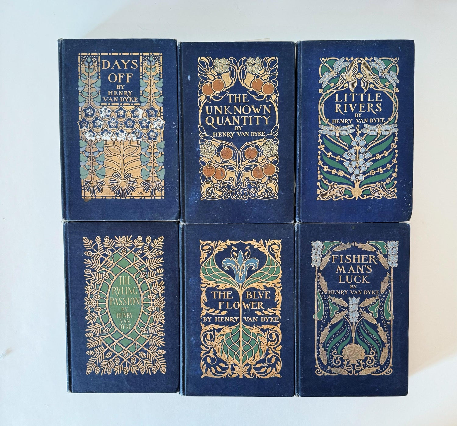 Ornate Antique Blue Book Set, Henry Van Dyke Book Bundle, Books by Color