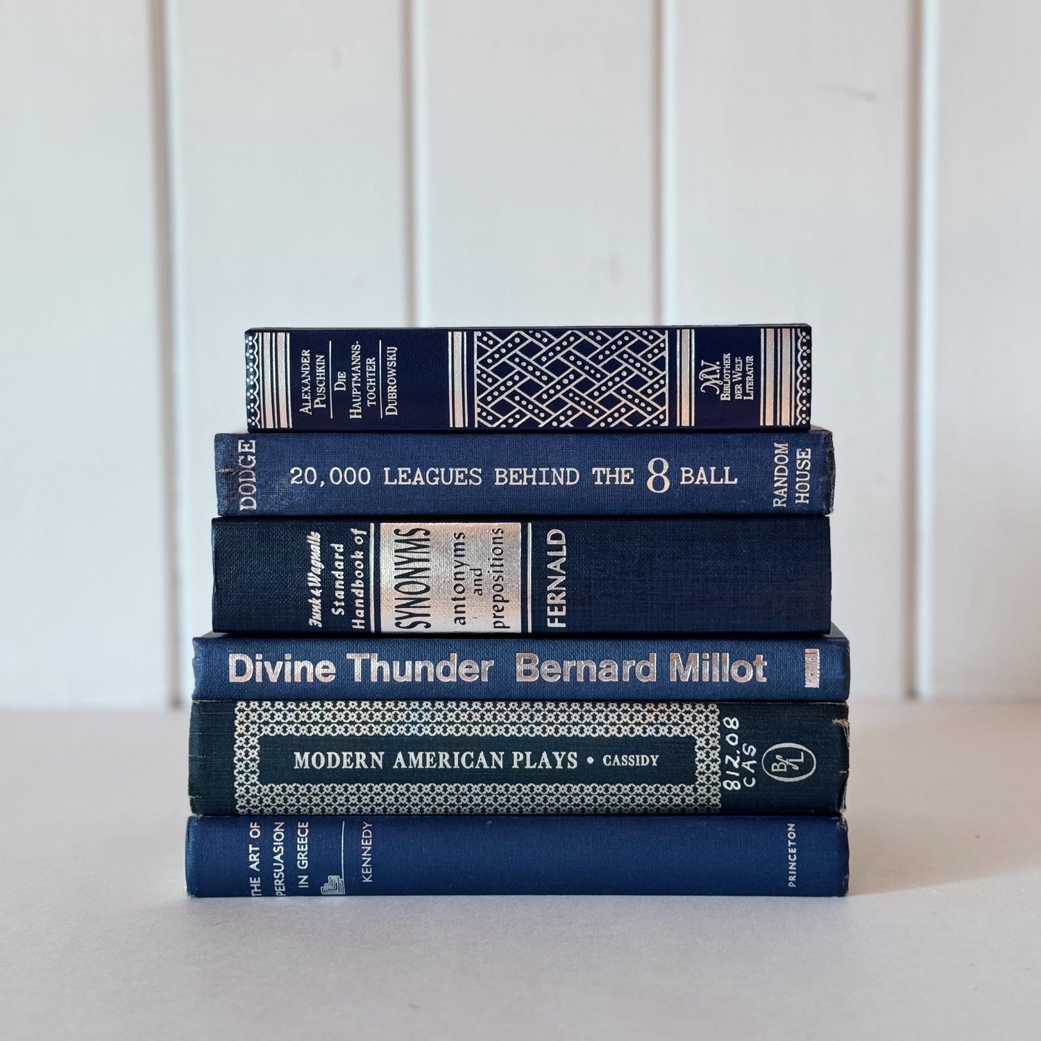 Dark Blue and Silver Vintage Book Set for Decor, Ornate Book Set