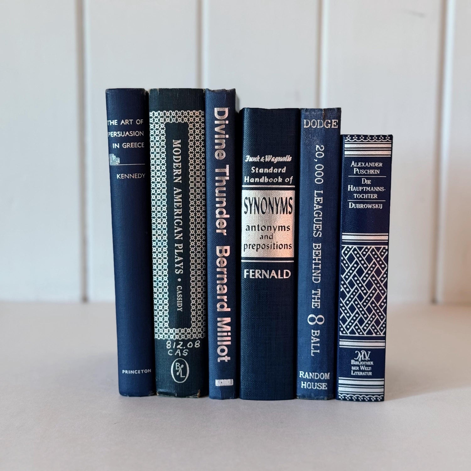 Dark Blue and Silver Vintage Book Set for Decor, Ornate Book Set