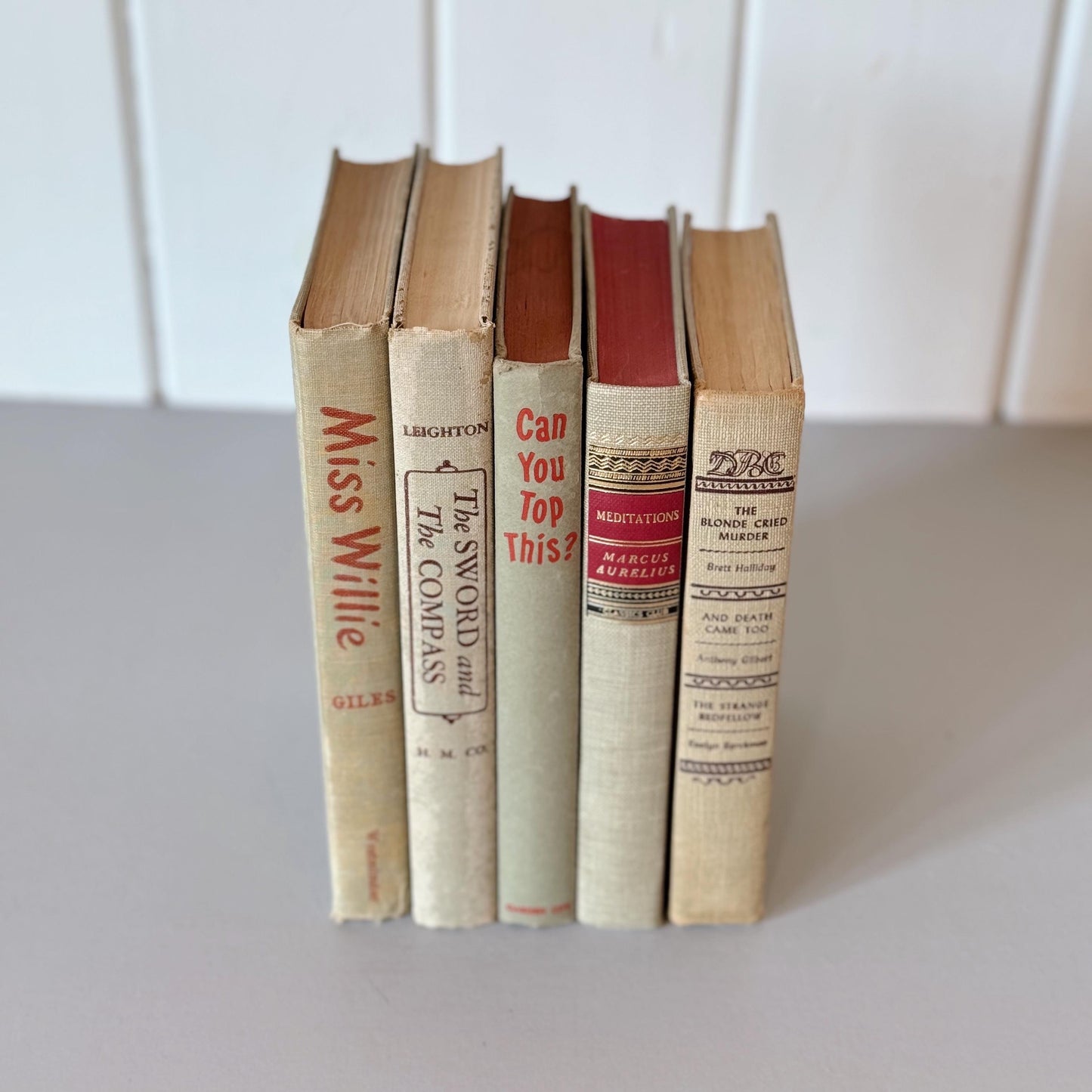 Beige Tan and Red Mid-Century Book Set for Shelf Styling, Office Decor