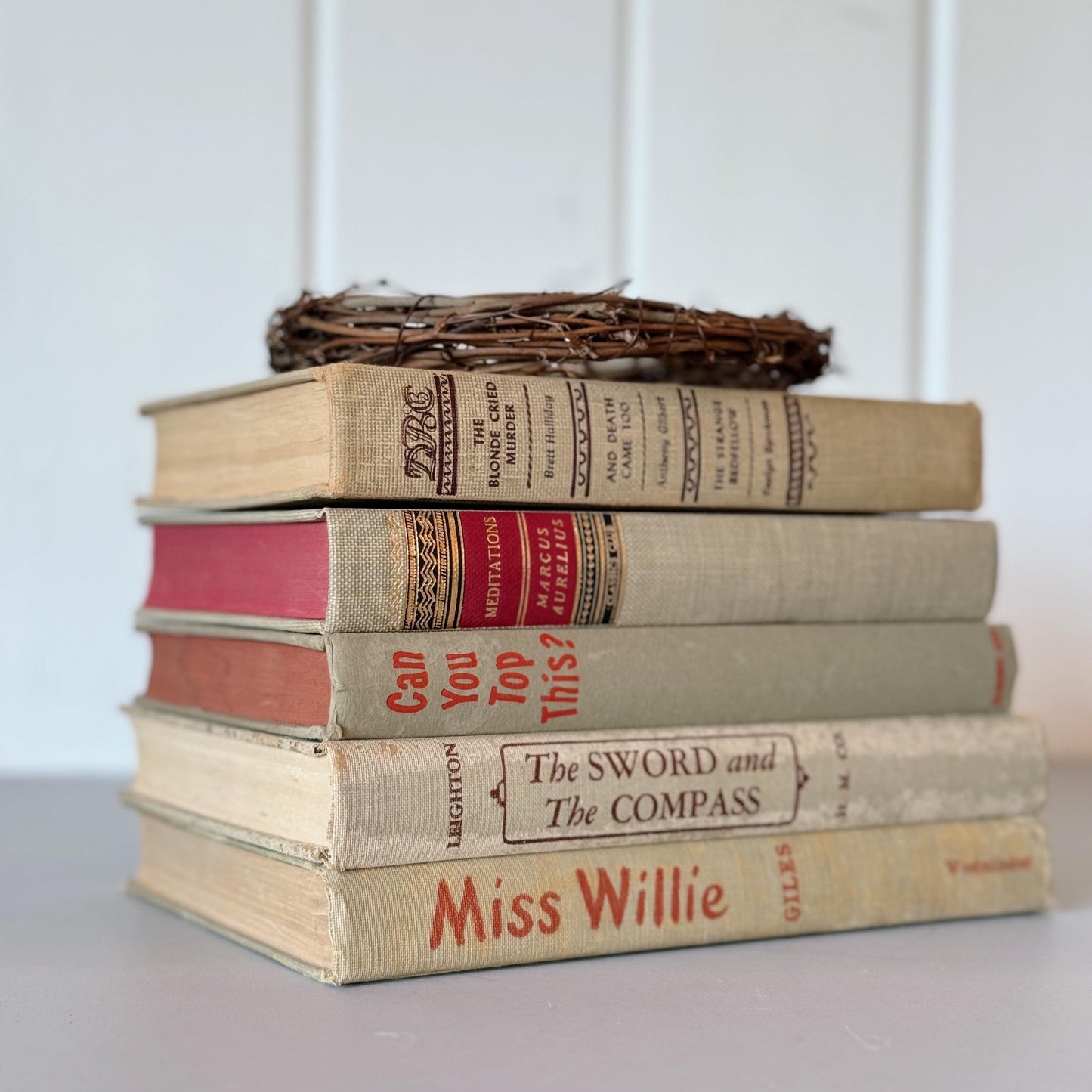 Beige Tan and Red Mid-Century Book Set for Shelf Styling, Office Decor