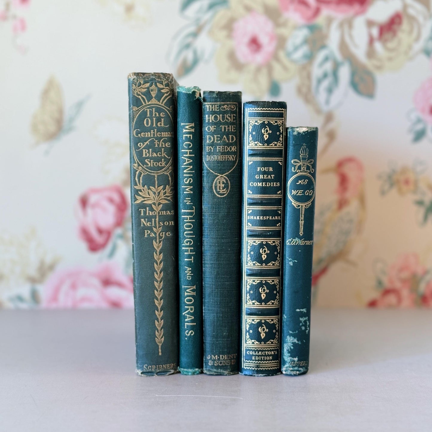 Mini Green Antique Ornate Book Set, Old Green Pocket-Sized Book Bundle, Books By Color