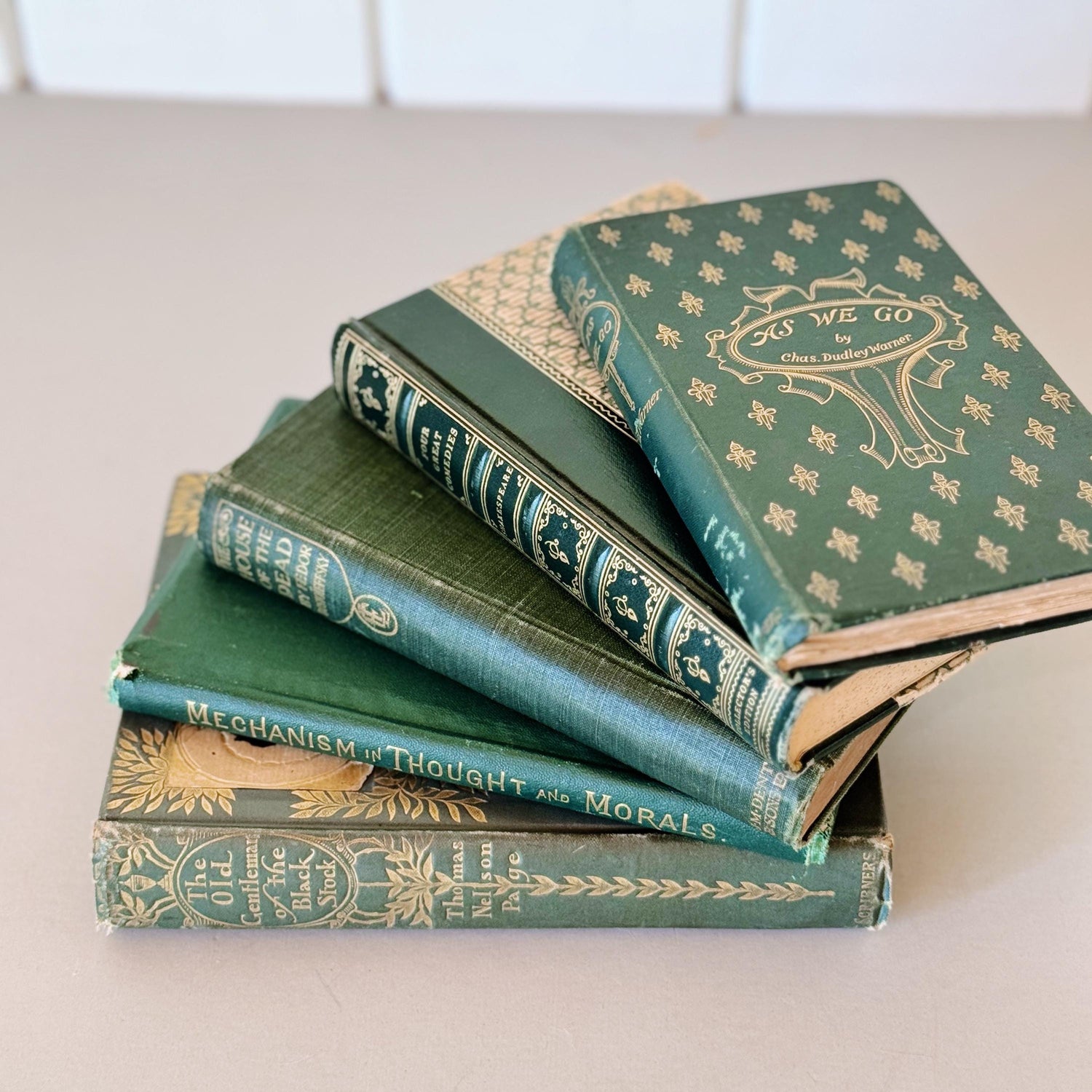 Mini Green Antique Ornate Book Set, Old Green Pocket-Sized Book Bundle, Books By Color