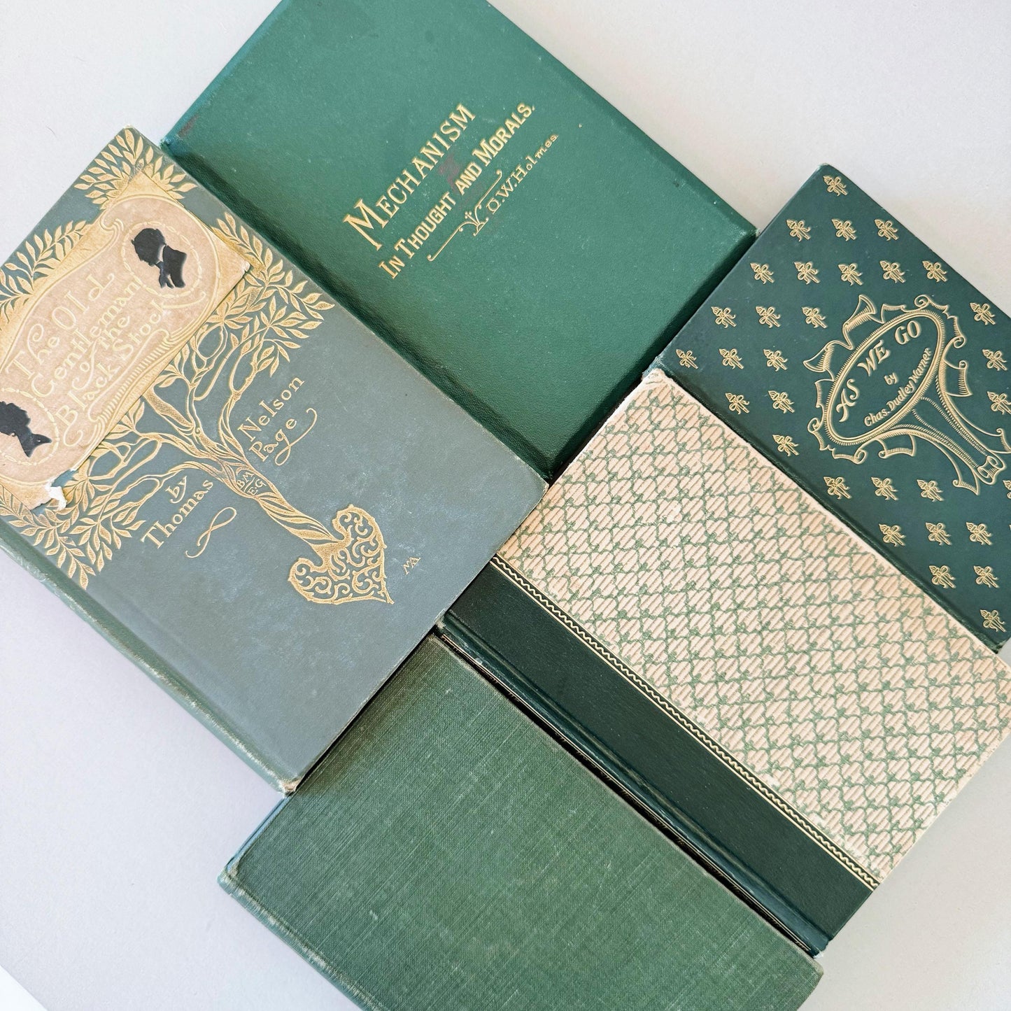 Mini Green Antique Ornate Book Set, Old Green Pocket-Sized Book Bundle, Books By Color