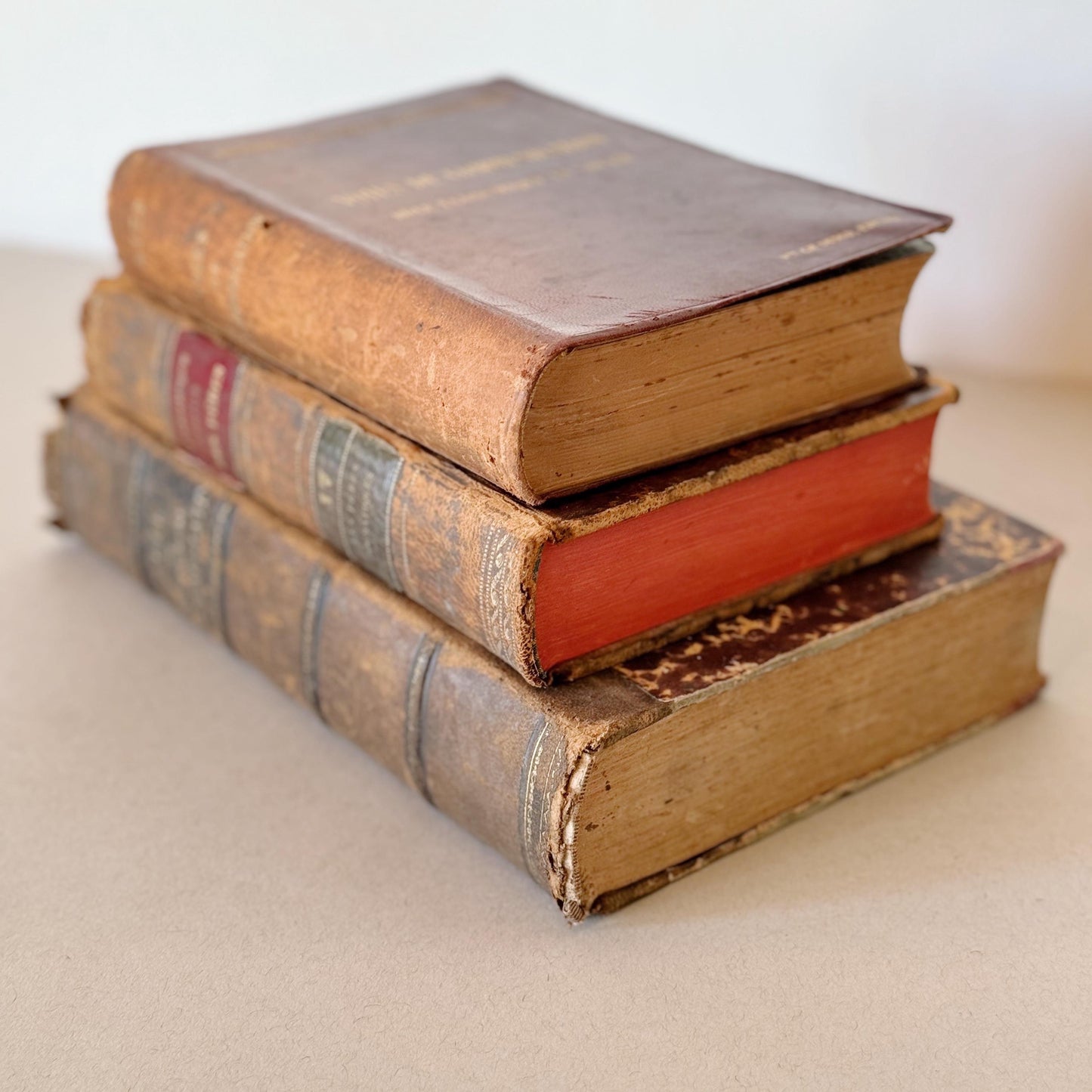 French Antique Leather-Bound Distressed Books, 1800s Book Bundle