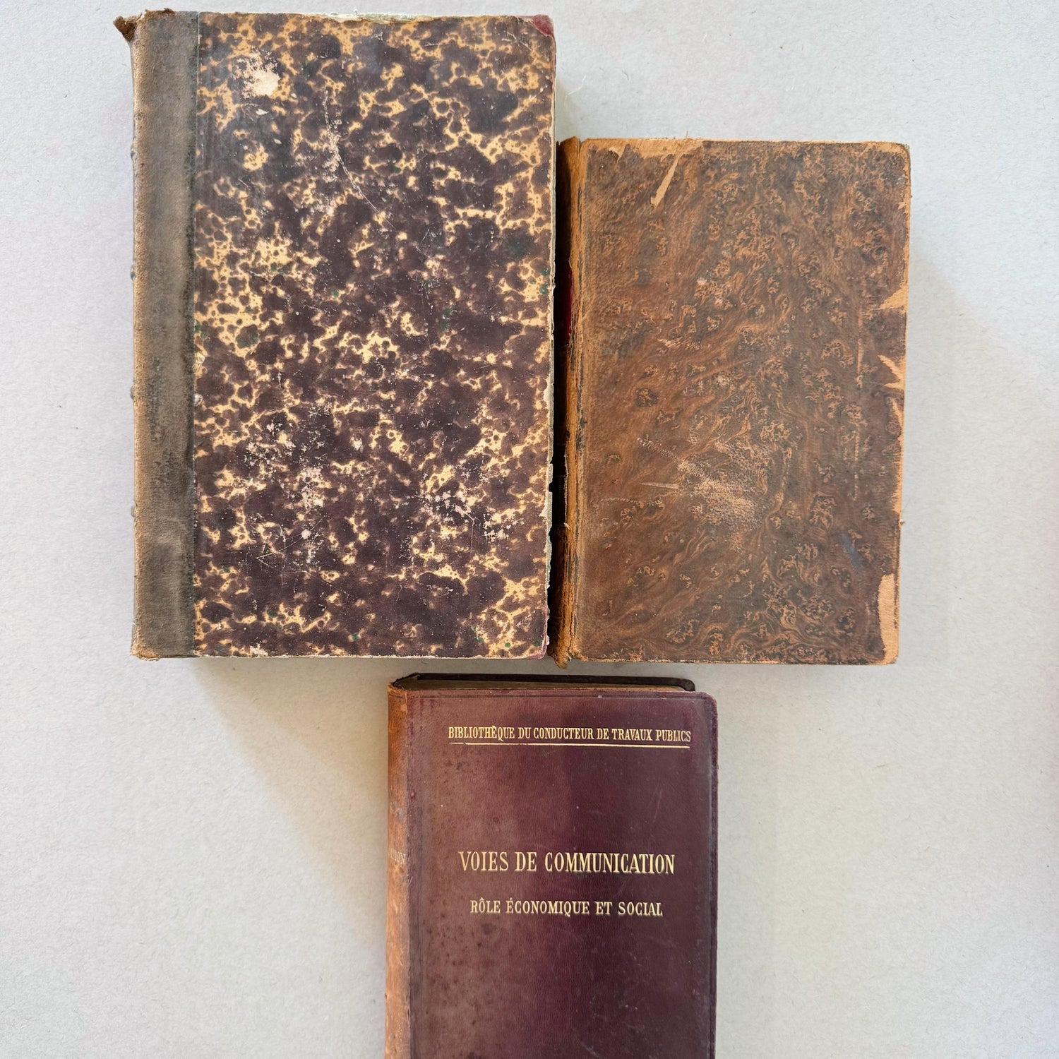 French Antique Leather-Bound Distressed Books, 1800s Book Bundle