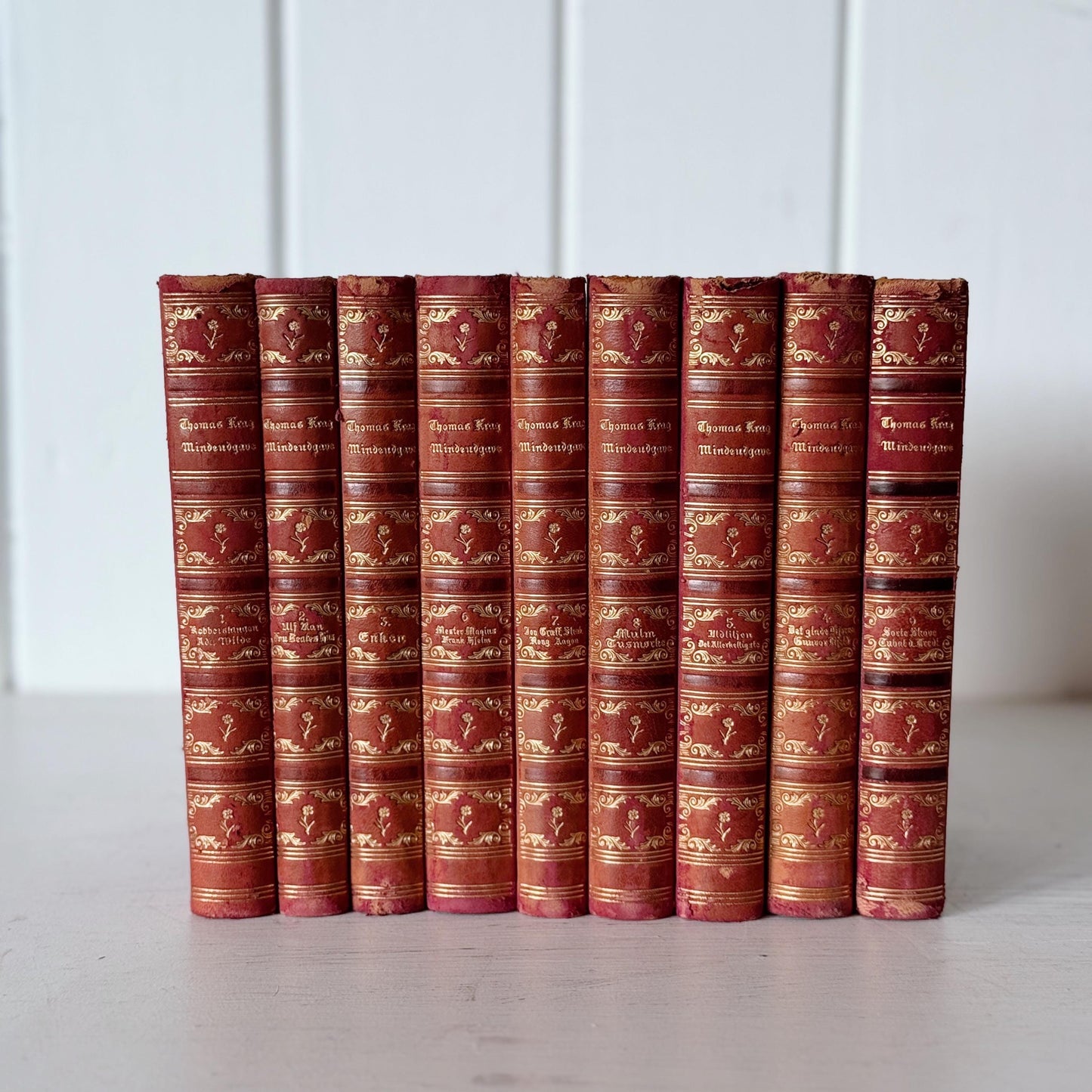 Antique Red and Gold Ornate Leather Bound Norwegian Book Set from 1910s, Thomas Krag Memorial Edition Mindeudgave