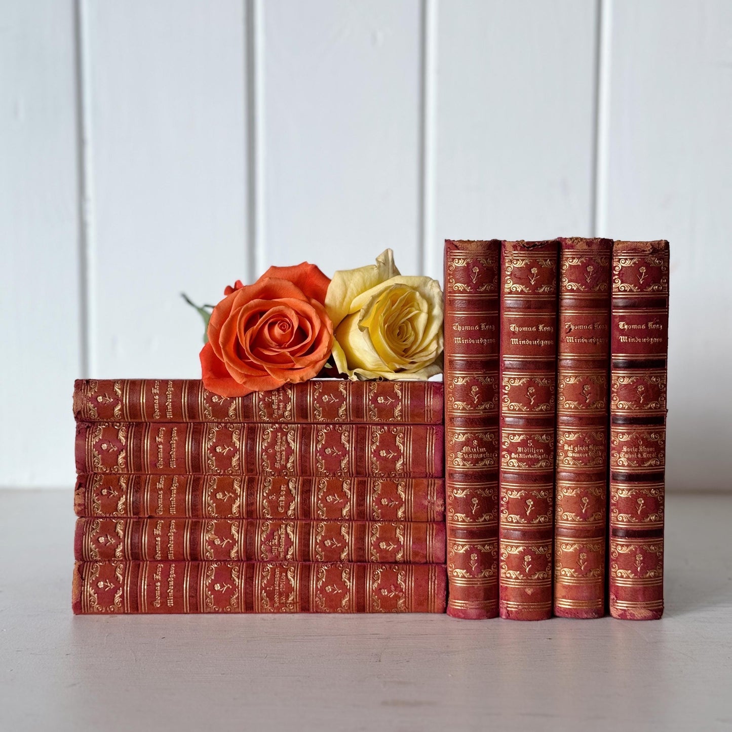 Antique Red and Gold Ornate Leather Bound Norwegian Book Set from 1910s, Thomas Krag Memorial Edition Mindeudgave