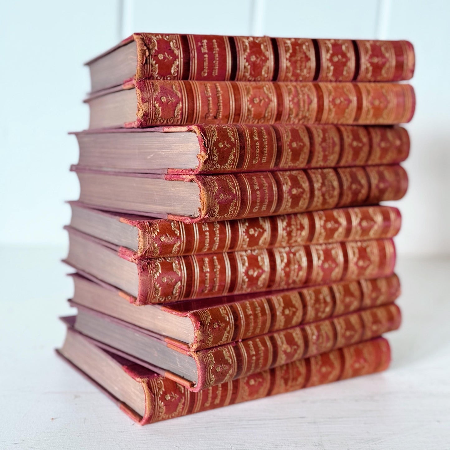 Antique Red and Gold Ornate Leather Bound Norwegian Book Set from 1910s, Thomas Krag Memorial Edition Mindeudgave