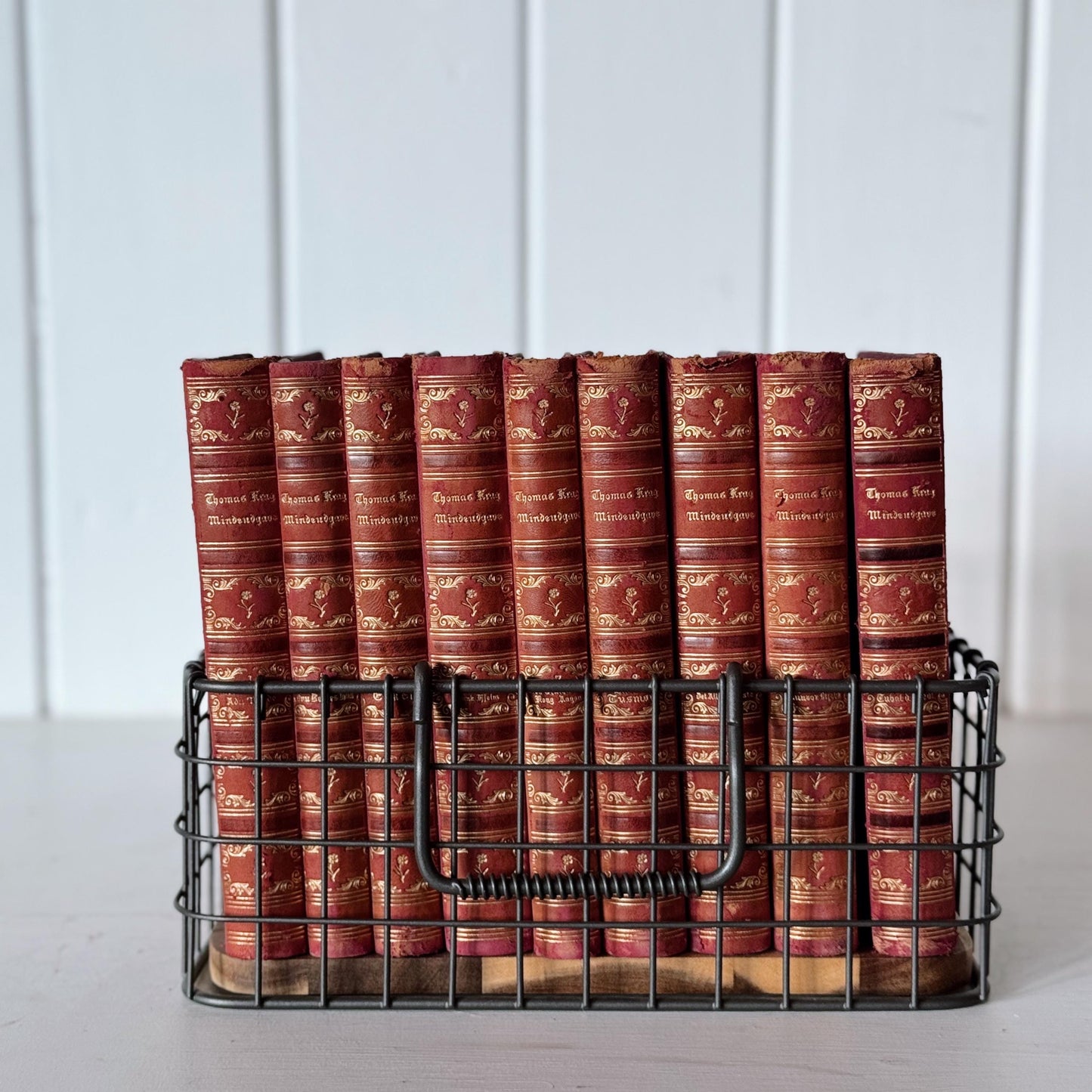 Antique Red and Gold Ornate Leather Bound Norwegian Book Set from 1910s, Thomas Krag Memorial Edition Mindeudgave