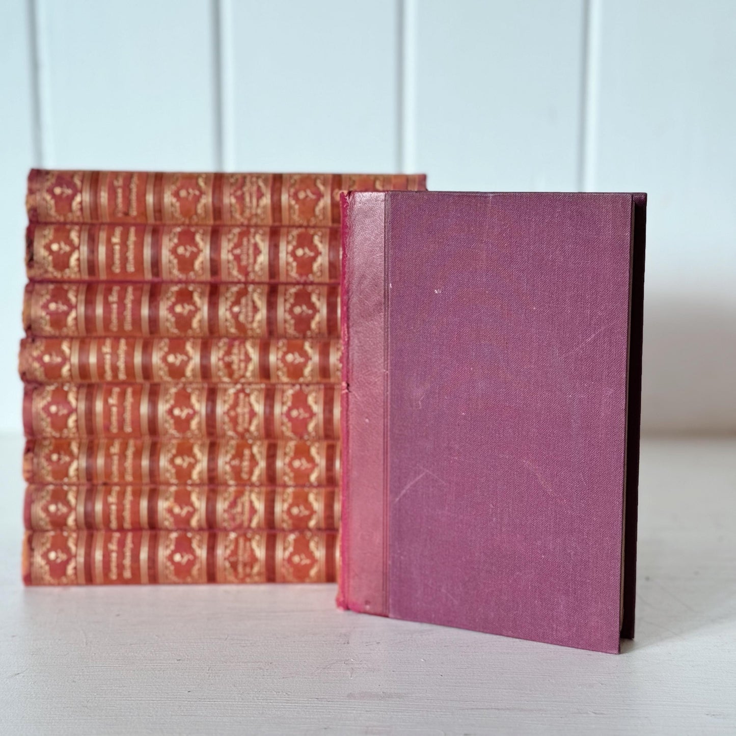 Antique Red and Gold Ornate Leather Bound Norwegian Book Set from 1910s, Thomas Krag Memorial Edition Mindeudgave