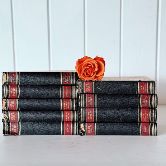 Black and Red Vintage Leather Bound Norwegian Book Set, Sigrid Undset Novels and Stories 1949