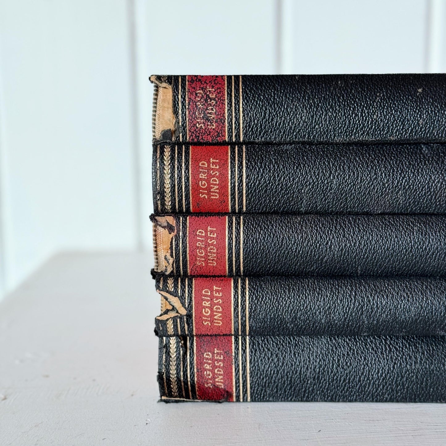 Black and Red Vintage Leather Bound Norwegian Book Set, Sigrid Undset Novels and Stories 1949