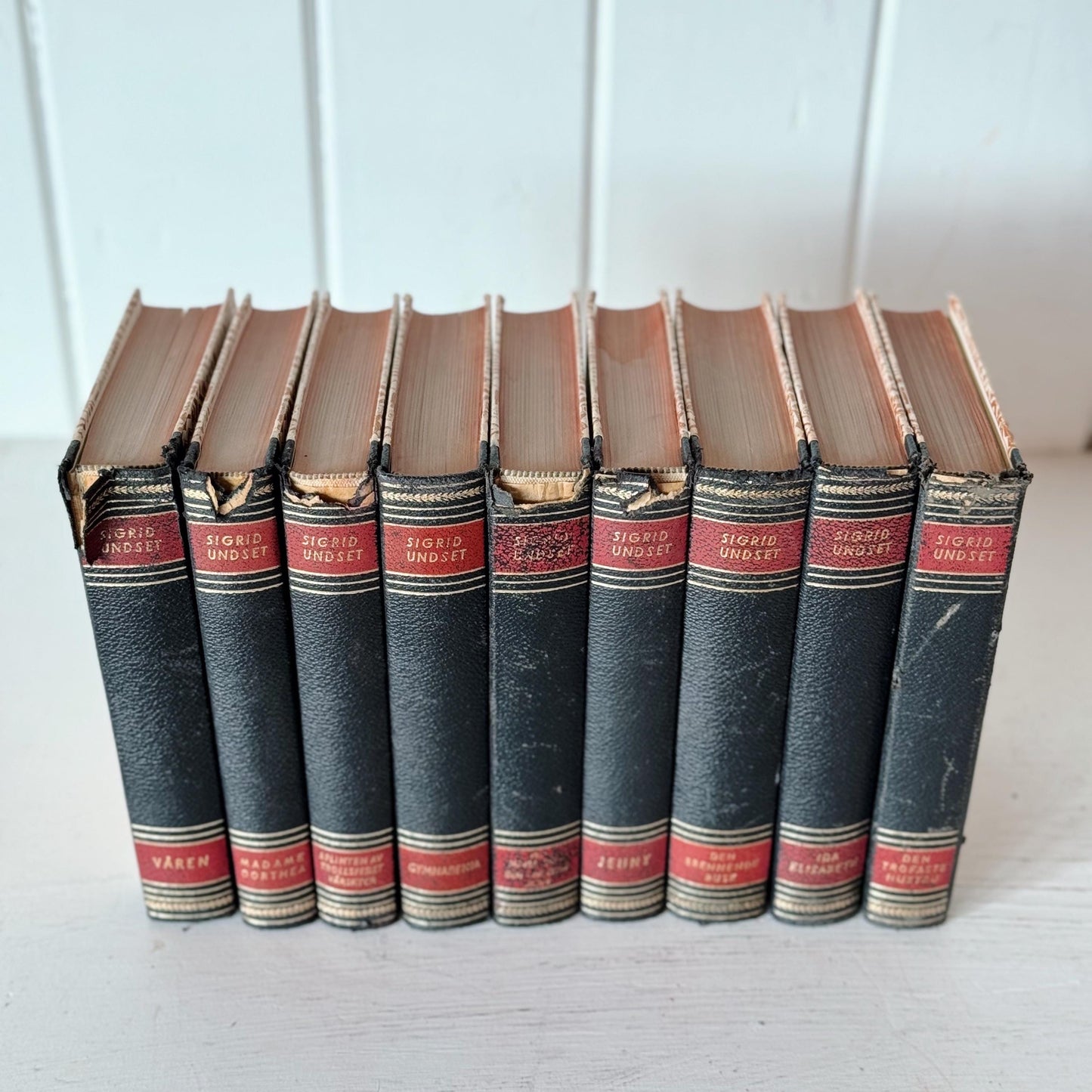 Black and Red Vintage Leather Bound Norwegian Book Set, Sigrid Undset Novels and Stories 1949