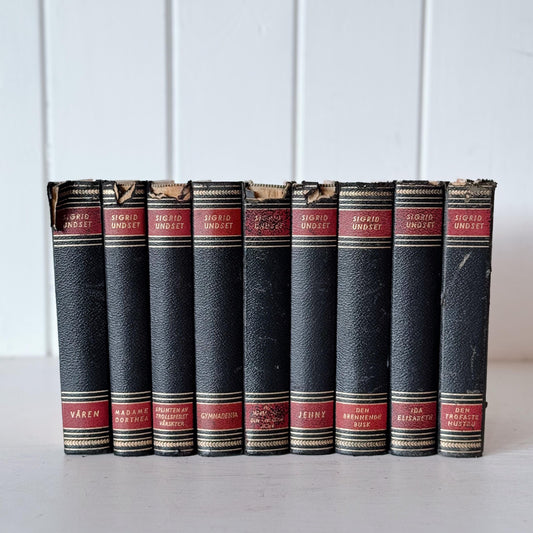 Black and Red Vintage Leather Bound Norwegian Book Set, Sigrid Undset Novels and Stories 1949