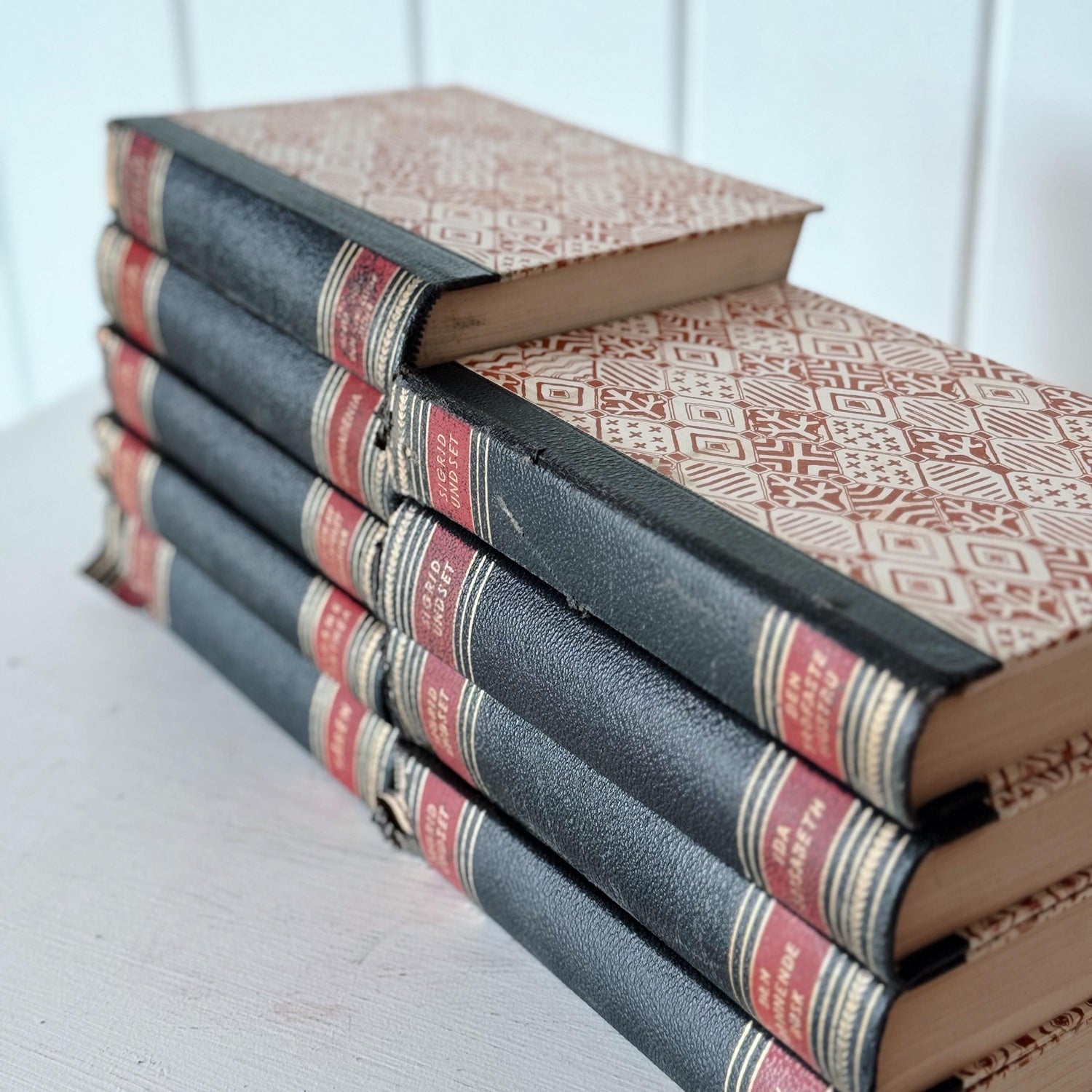 Black and Red Vintage Leather Bound Norwegian Book Set, Sigrid Undset Novels and Stories 1949