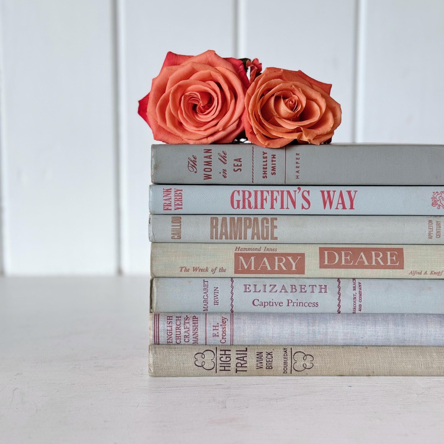 Vintage Mid Century Modern Gray and Red Book Set for Shelf Styling