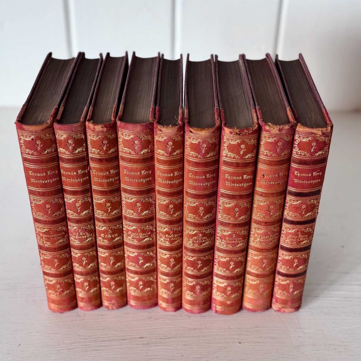 Antique Red and Gold Ornate Leather Bound Norwegian Book Set from 1910s, Thomas Krag Memorial Edition Mindeudgave