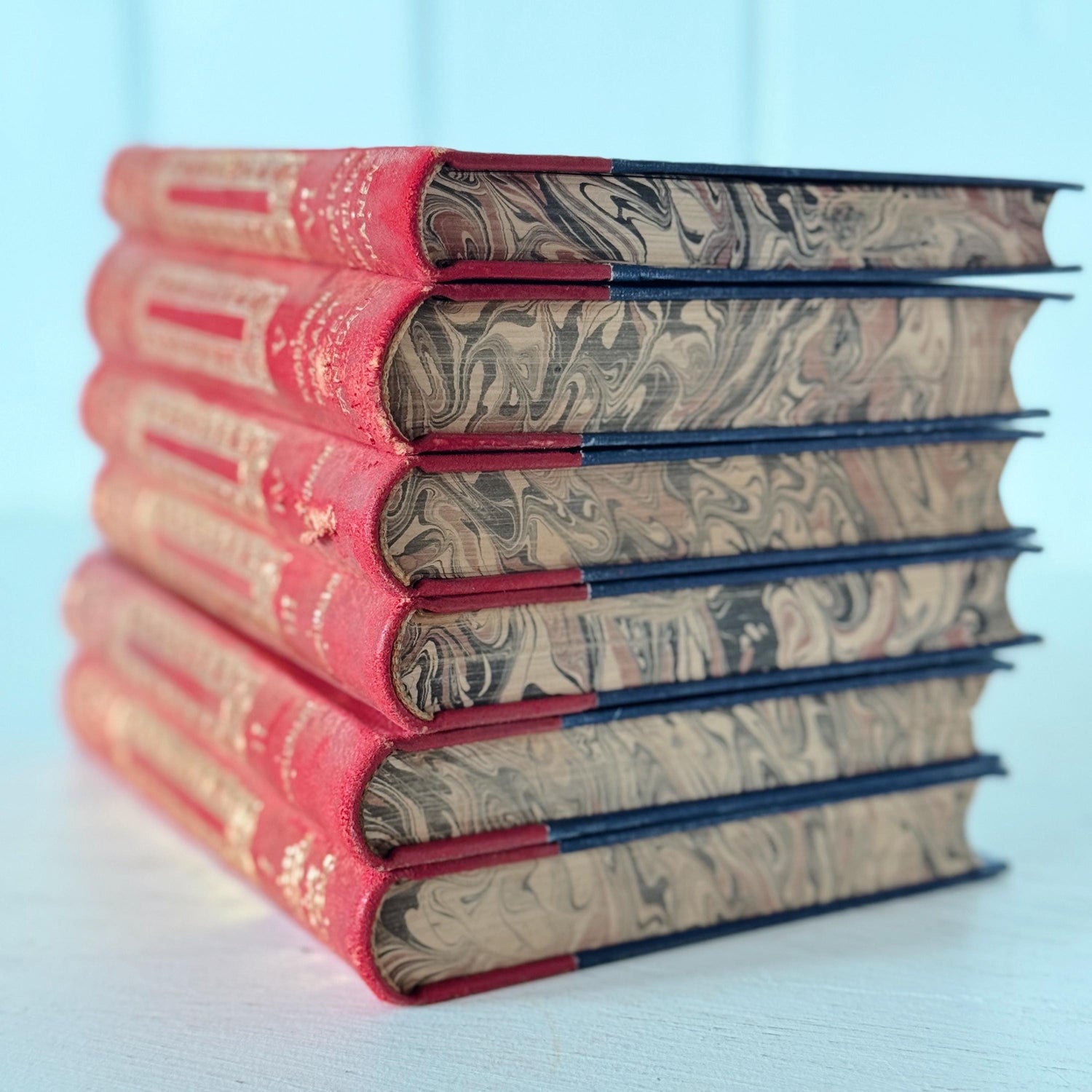 Antique Red and Gold Ornate Norwegian Leather Bound Book Set from 1910s, Collected Works of Hans Aanrud