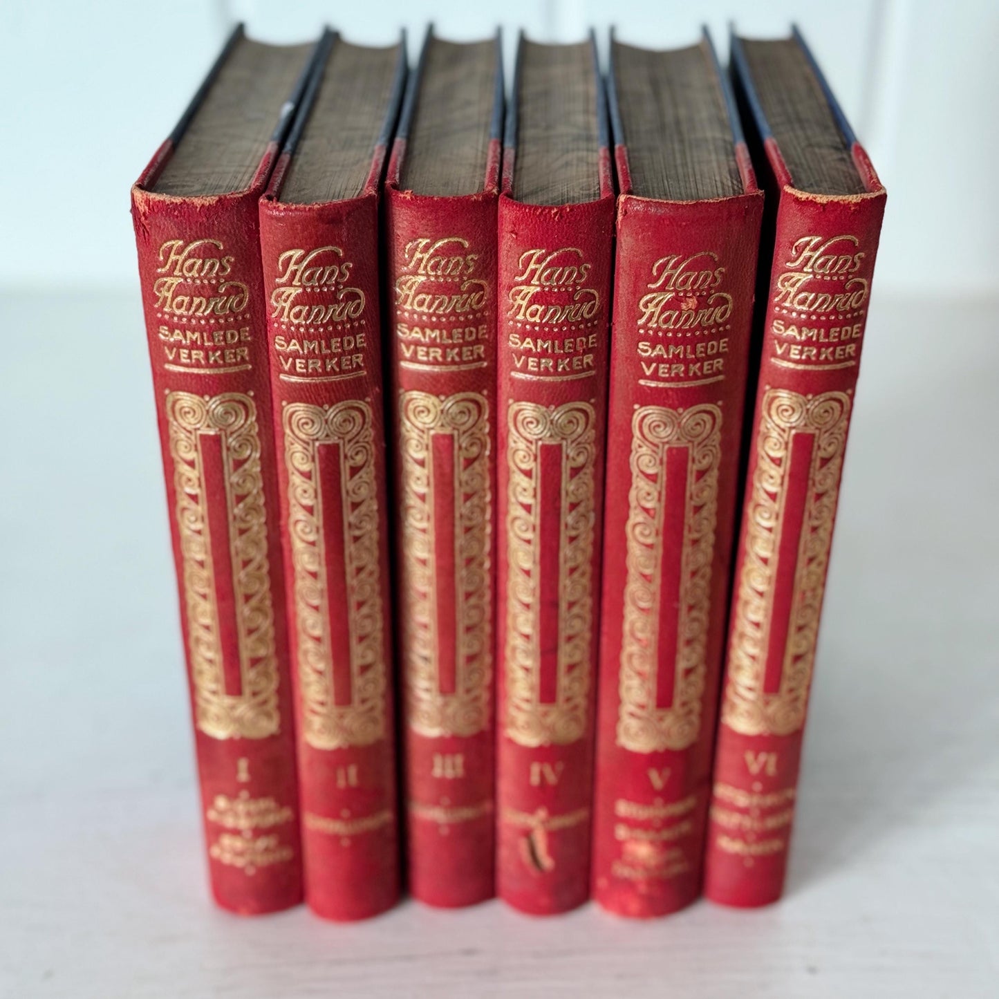 Antique Red and Gold Ornate Norwegian Leather Bound Book Set from 1910s, Collected Works of Hans Aanrud