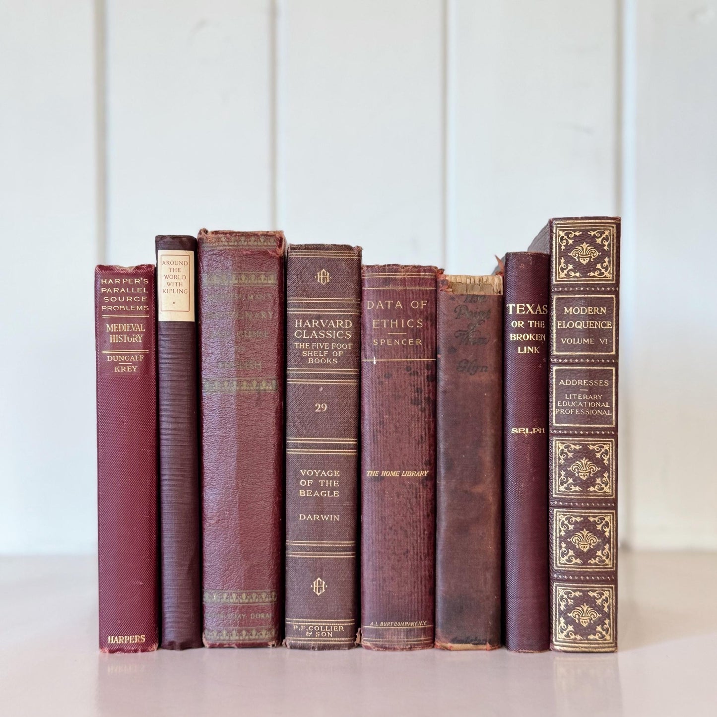 Antique Maroon Red Old Book Set, Shabby Chic Books By Color for Shelf Styling