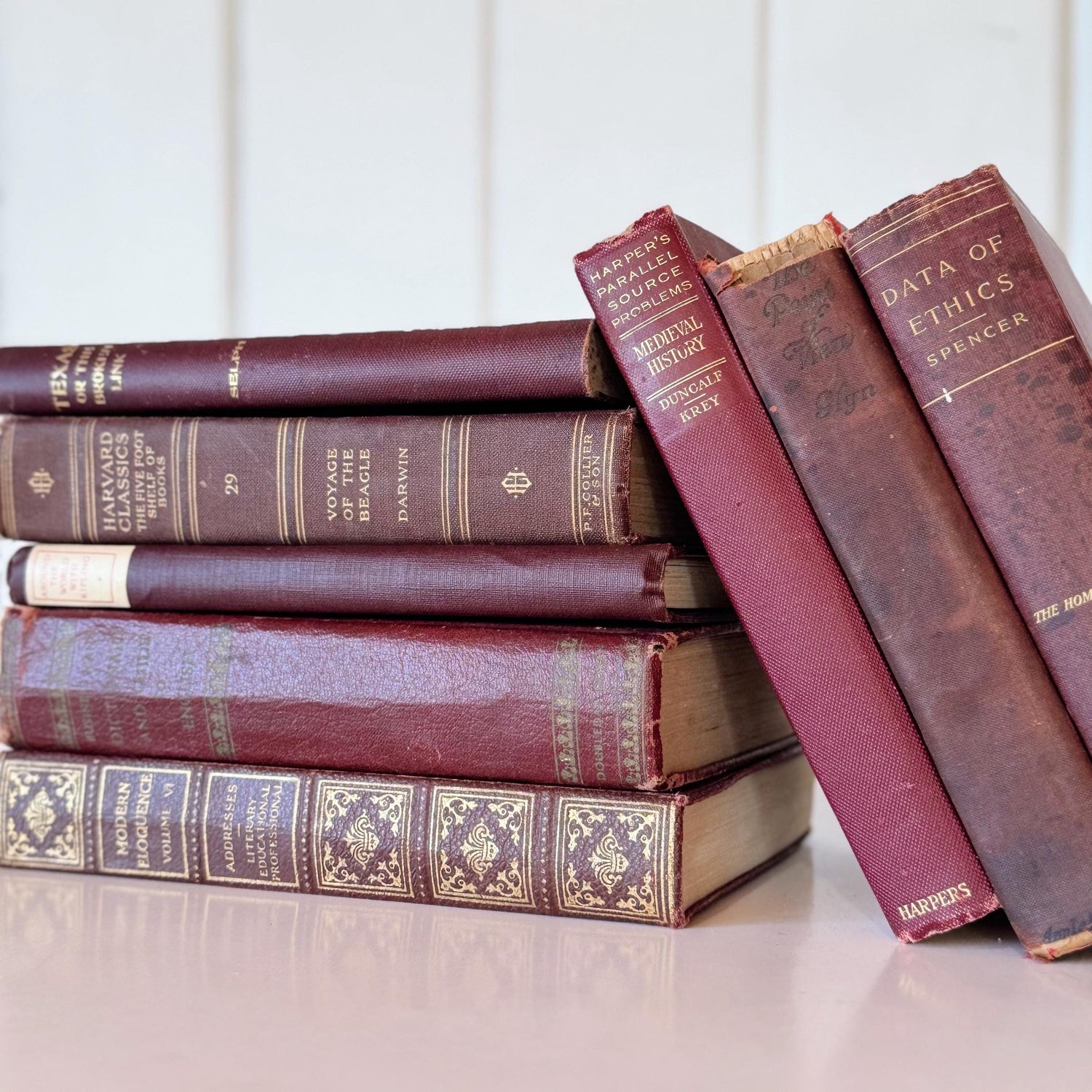 Antique Maroon Red Old Book Set, Shabby Chic Books By Color for Shelf Styling