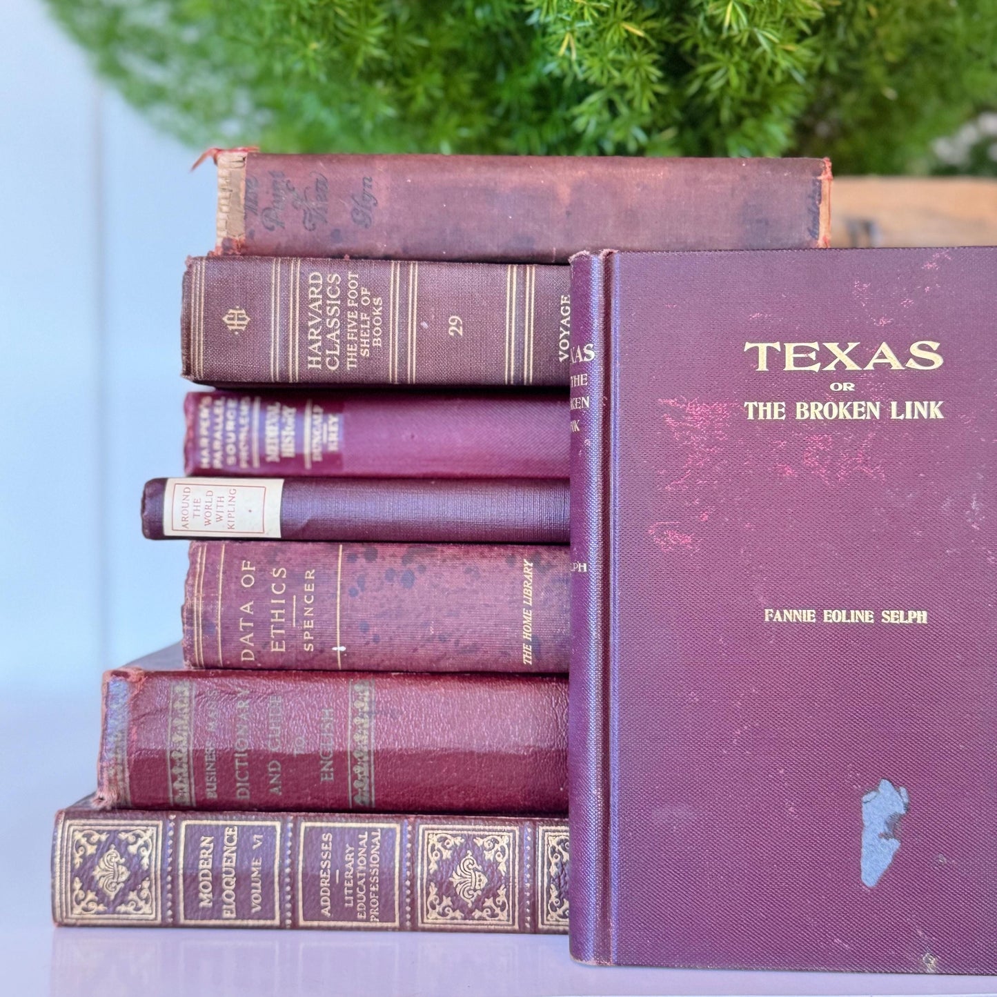 Antique Maroon Red Old Book Set, Shabby Chic Books By Color for Shelf Styling