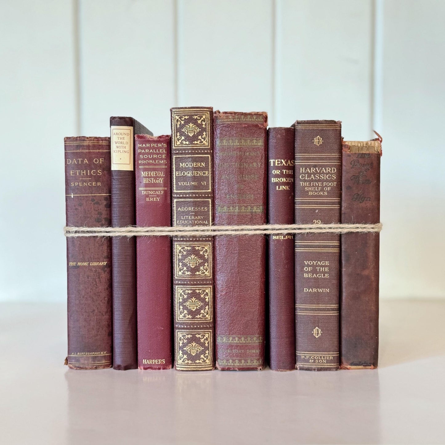 Antique Maroon Red Old Book Set, Shabby Chic Books By Color for Shelf Styling