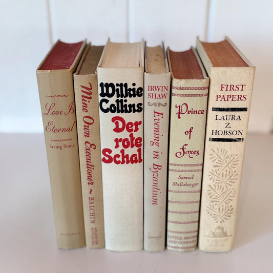 Beige Vintage Decorative Books, Masculine Mid-Century Beige and Red Book Bundle, Aesthetic Books By Color for Decor