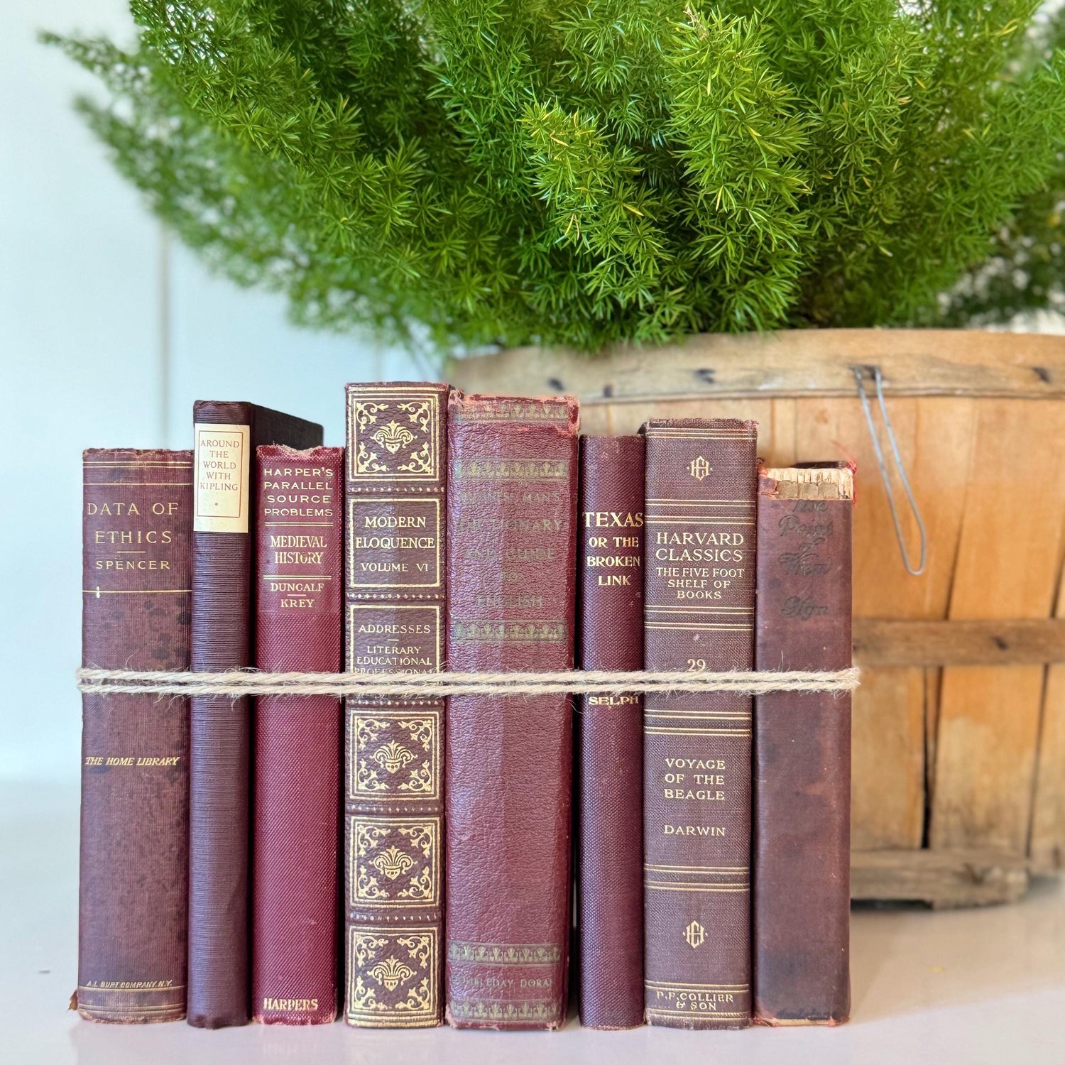 Antique Maroon Red Old Book Set, Shabby Chic Books By Color for Shelf Styling