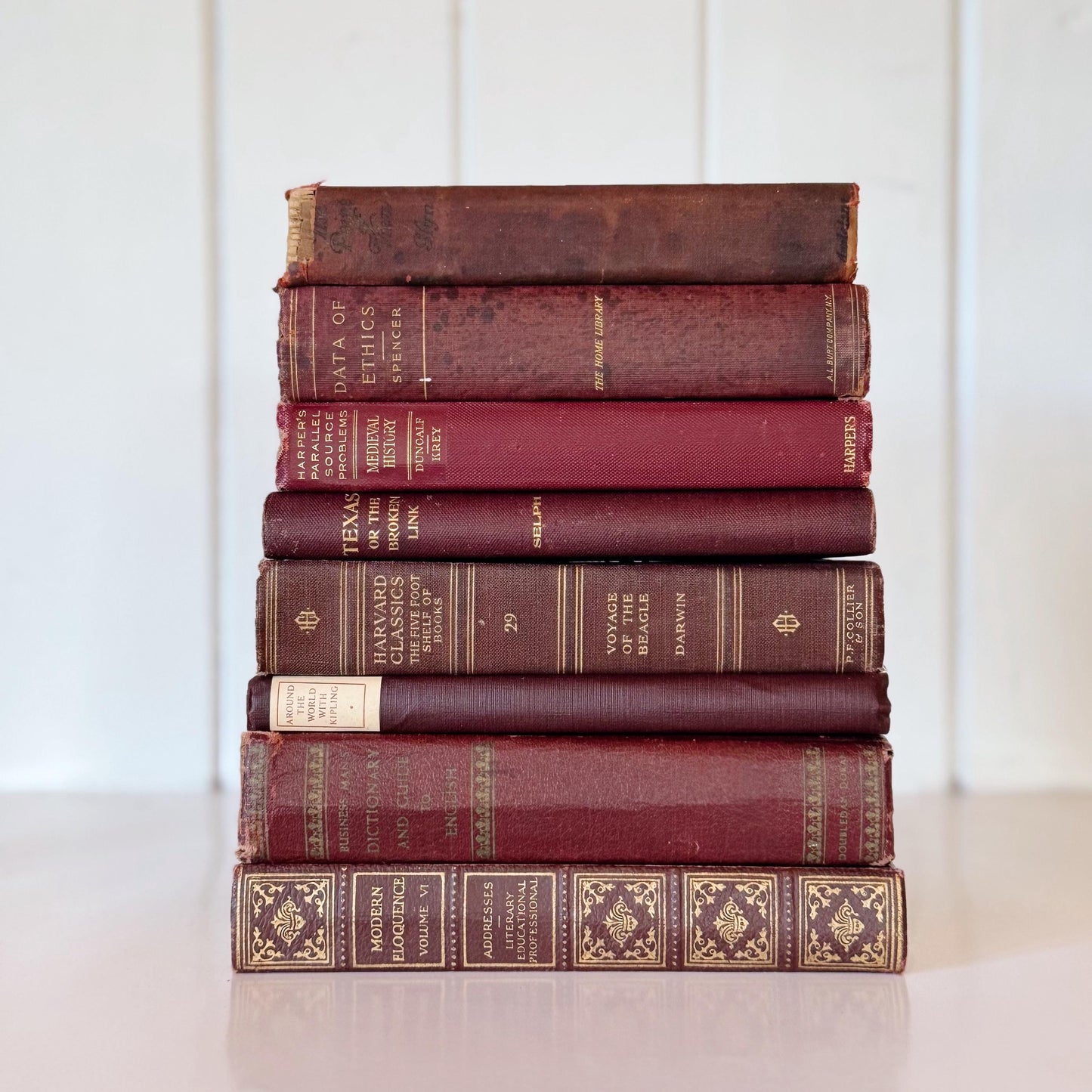 Antique Maroon Red Old Book Set, Shabby Chic Books By Color for Shelf Styling