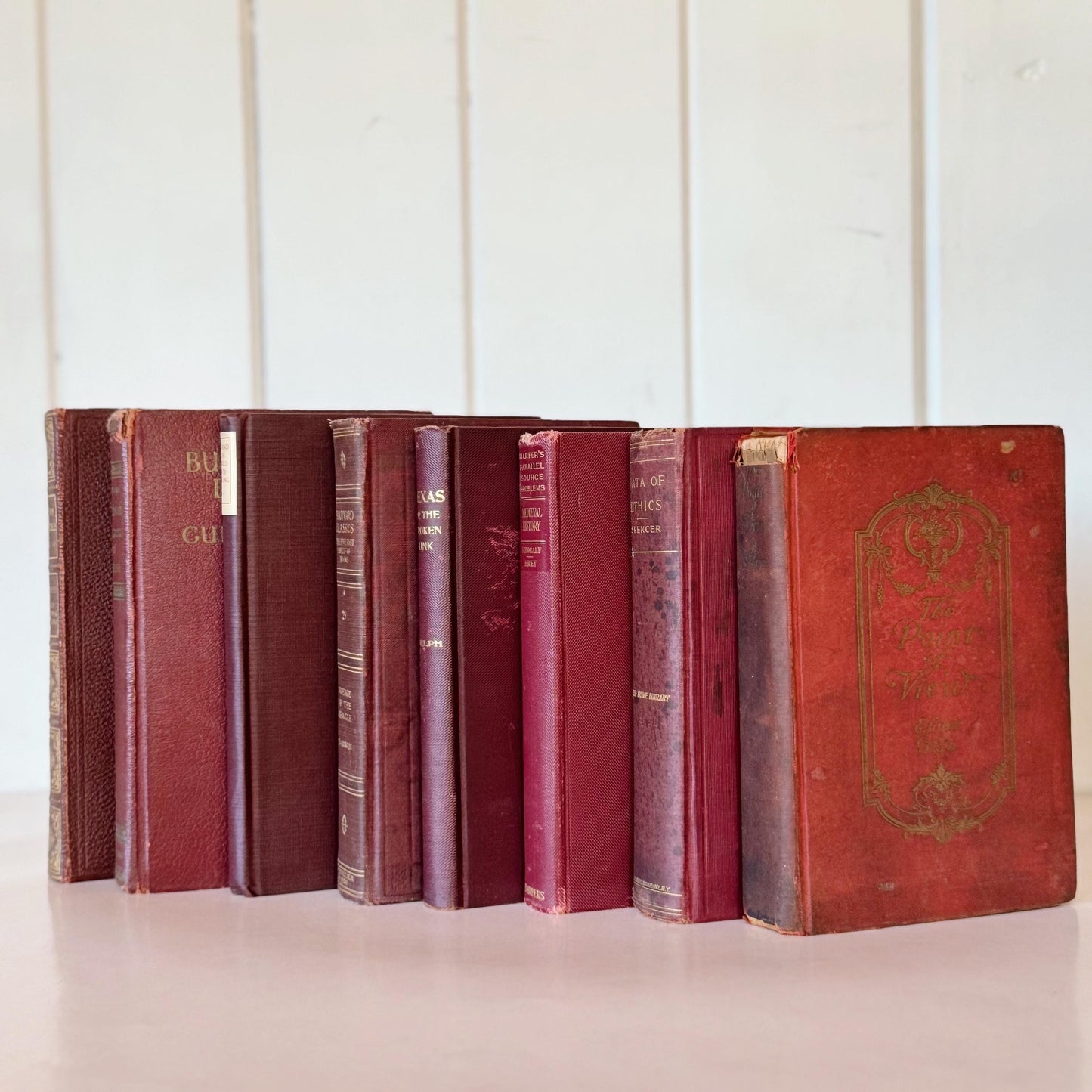 Antique Maroon Red Old Book Set, Shabby Chic Books By Color for Shelf Styling