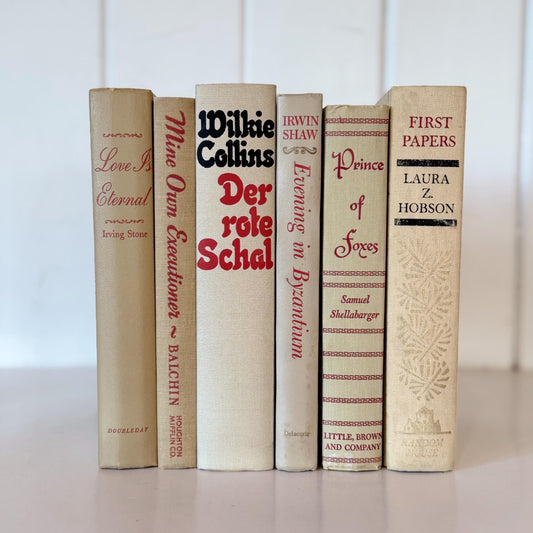 Beige Vintage Decorative Books, Masculine Mid-Century Beige and Red Book Bundle, Aesthetic Books By Color for Decor