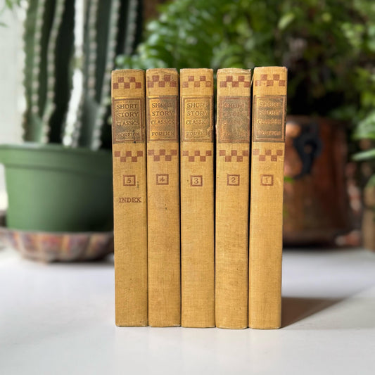 Foreign Short Story Classics Antique 1907 Tan and Red Complete 5 Volume Book Set for Shelf Styling, Office Decor