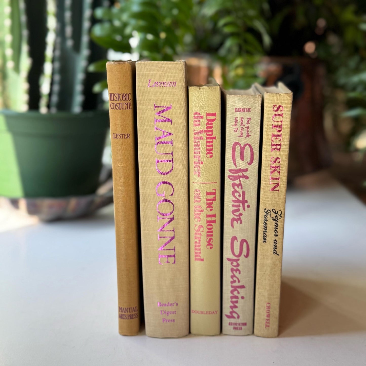 Beige and Purple Vintage Book Set for Shelf Styling, Retro Purple Lettering